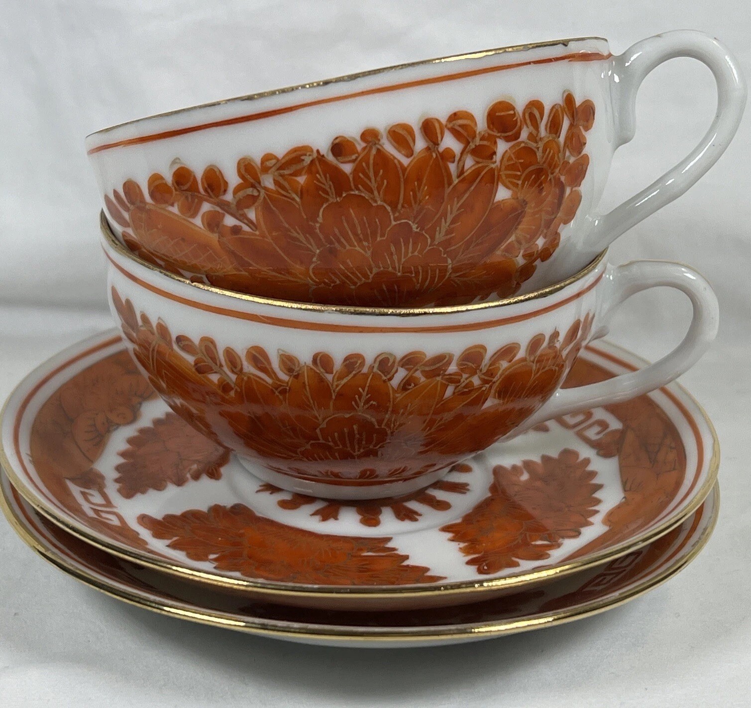 ANTIQUE SET 2 LOTUS TEA CUP AND SAUCERS HAND PAINTED IN HONG KONG EXTREMELY THIN