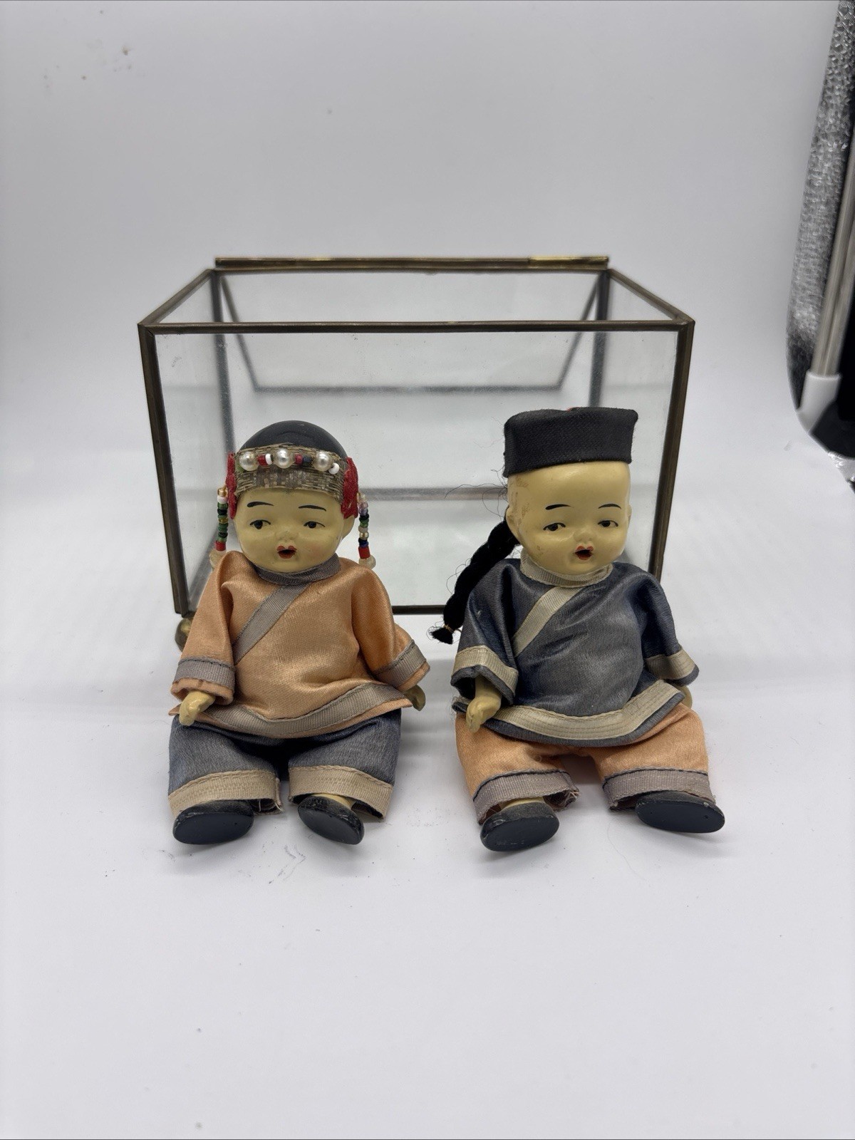 Vintage Japan Miniature Boy & Girl Jointed Asian Bisque Dolls 3.5\
