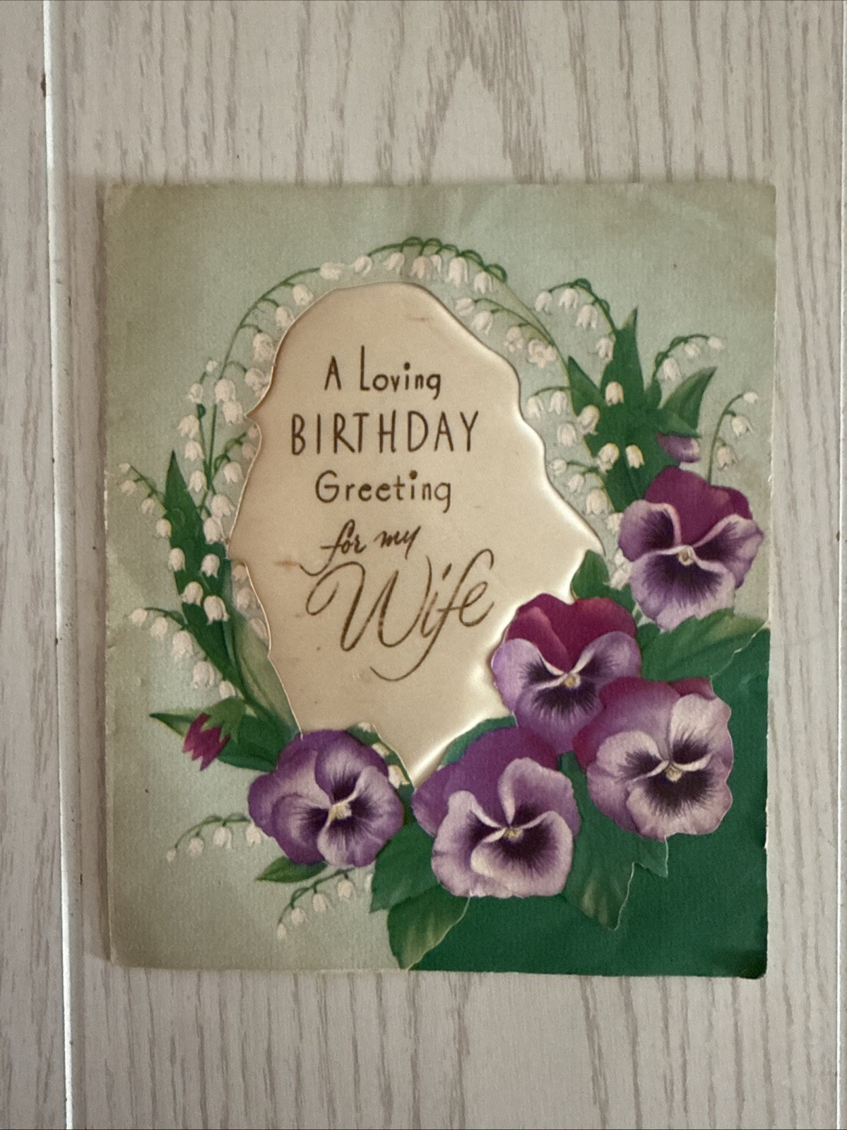 Vintage 1940’s Birthday Card Wife Purple Pansies Puffy Embossed Amer Greetings