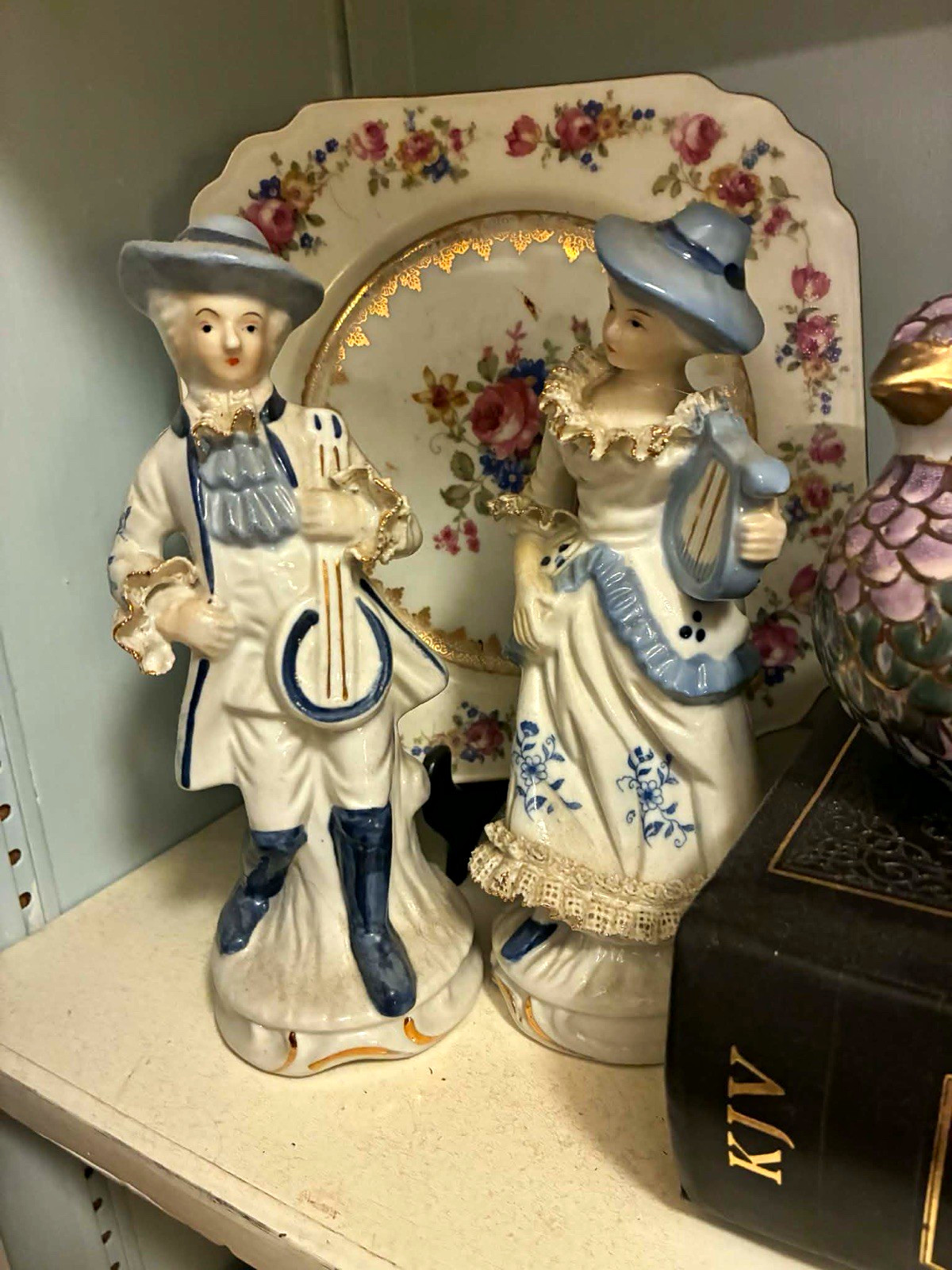 Vintage F.E.I. Inc. 1985 Porcelain Musician Figurines – Blue & White Pair