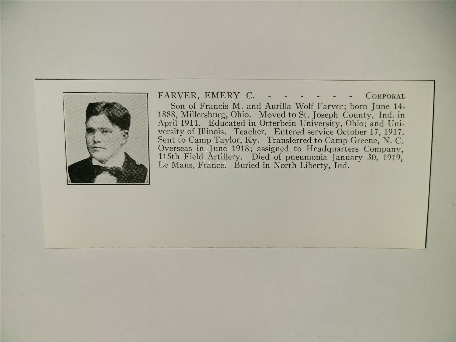 Emery Farver Millersburg Ohio Otterbein University 1921 WW1 Hero Panel
