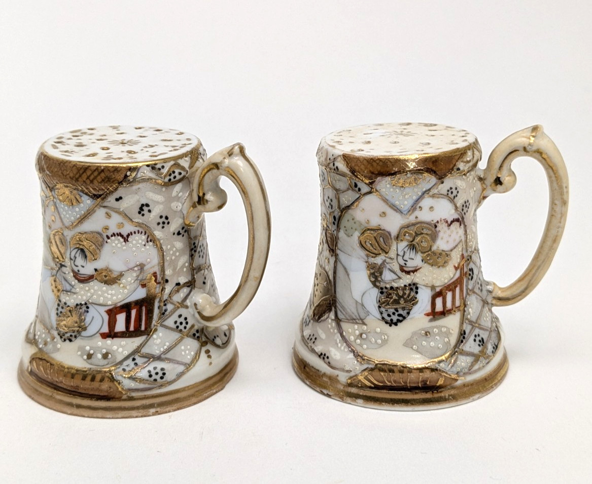 Antique Royal Satsuma Nippon Salt & Pepper Shakers w/ Handles- Gold Moriage