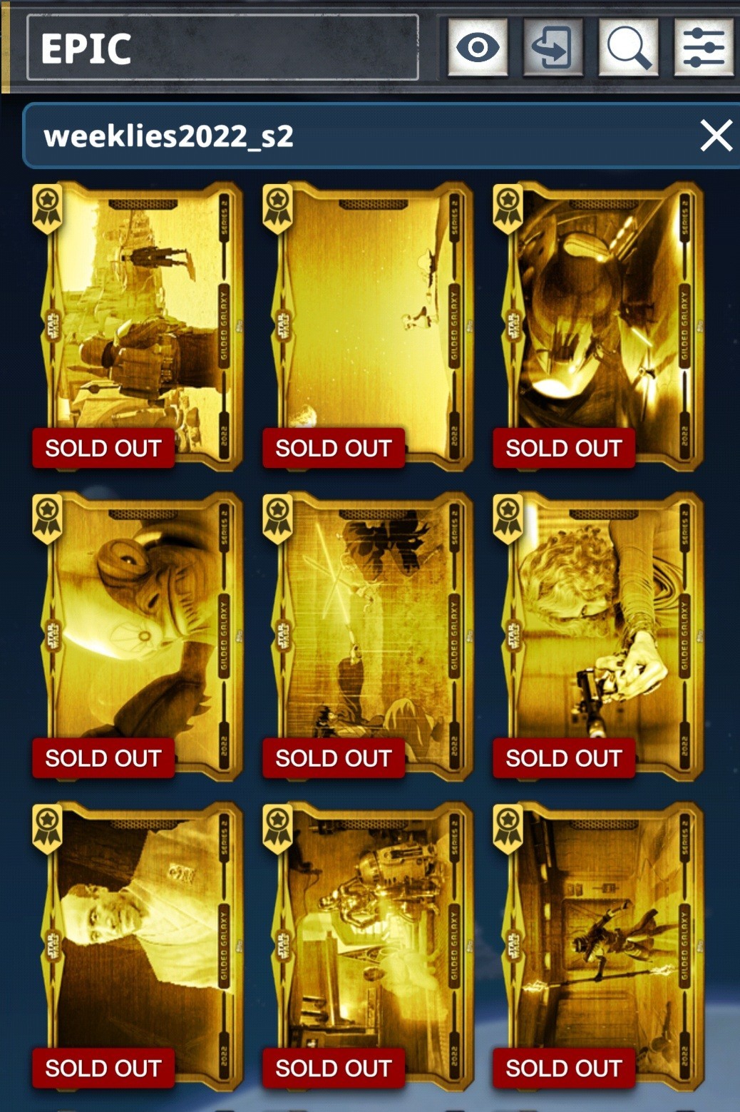 Topps Star Wars Digital (2022) GILDED GALAXY Series 2 Full Set + Overall Award