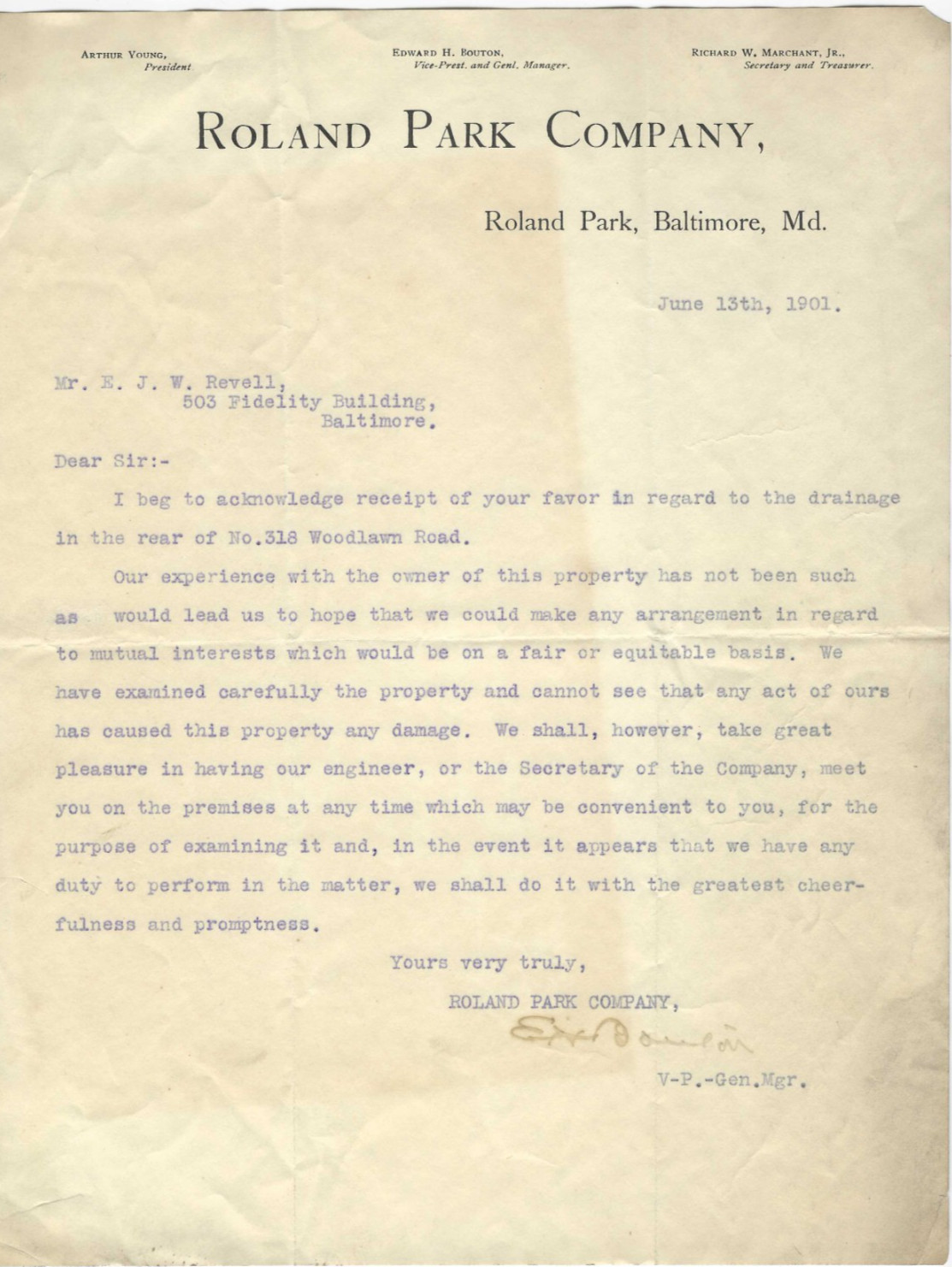 1901 Letterhead Roland Park Co Baltimore MD Young Revell Property Dispute