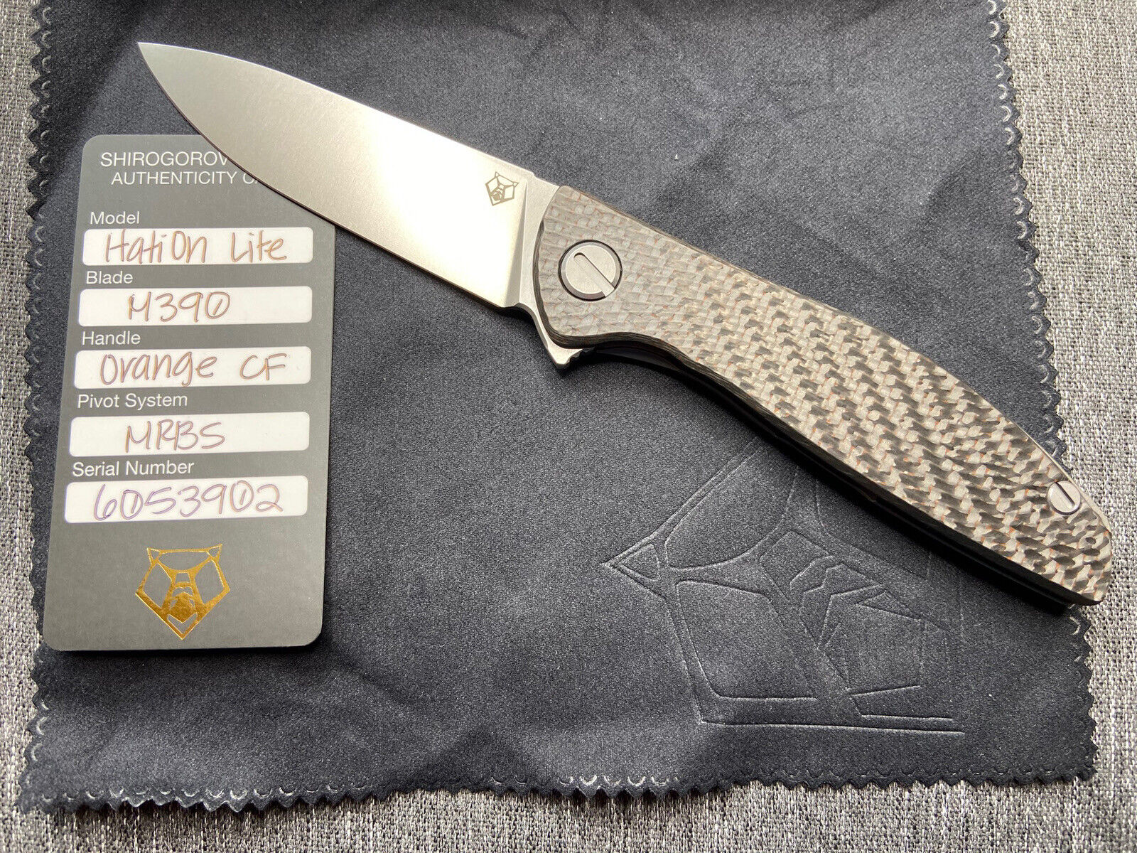 Shirogorov Knife M390 Hation Lite 3.375” Carbon Fiber Handle Titanium Lock