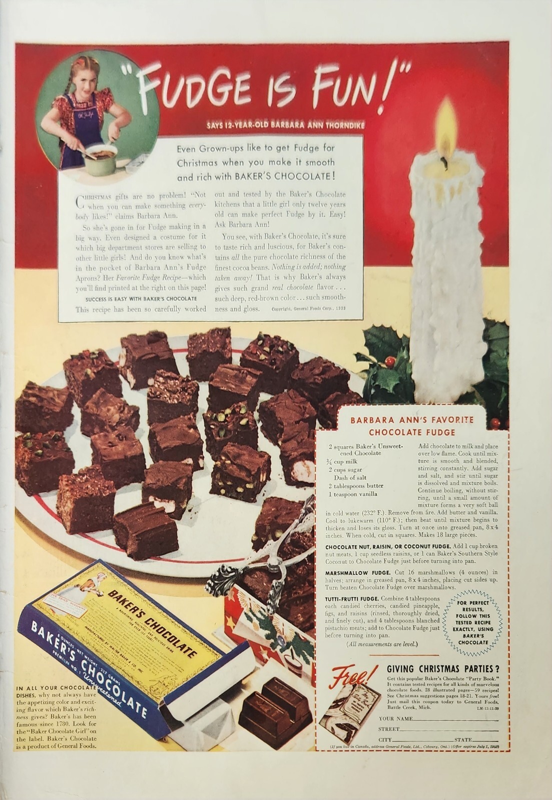1939 Baker\'s Chocolate Fudge Vintage Ad fudge is fun