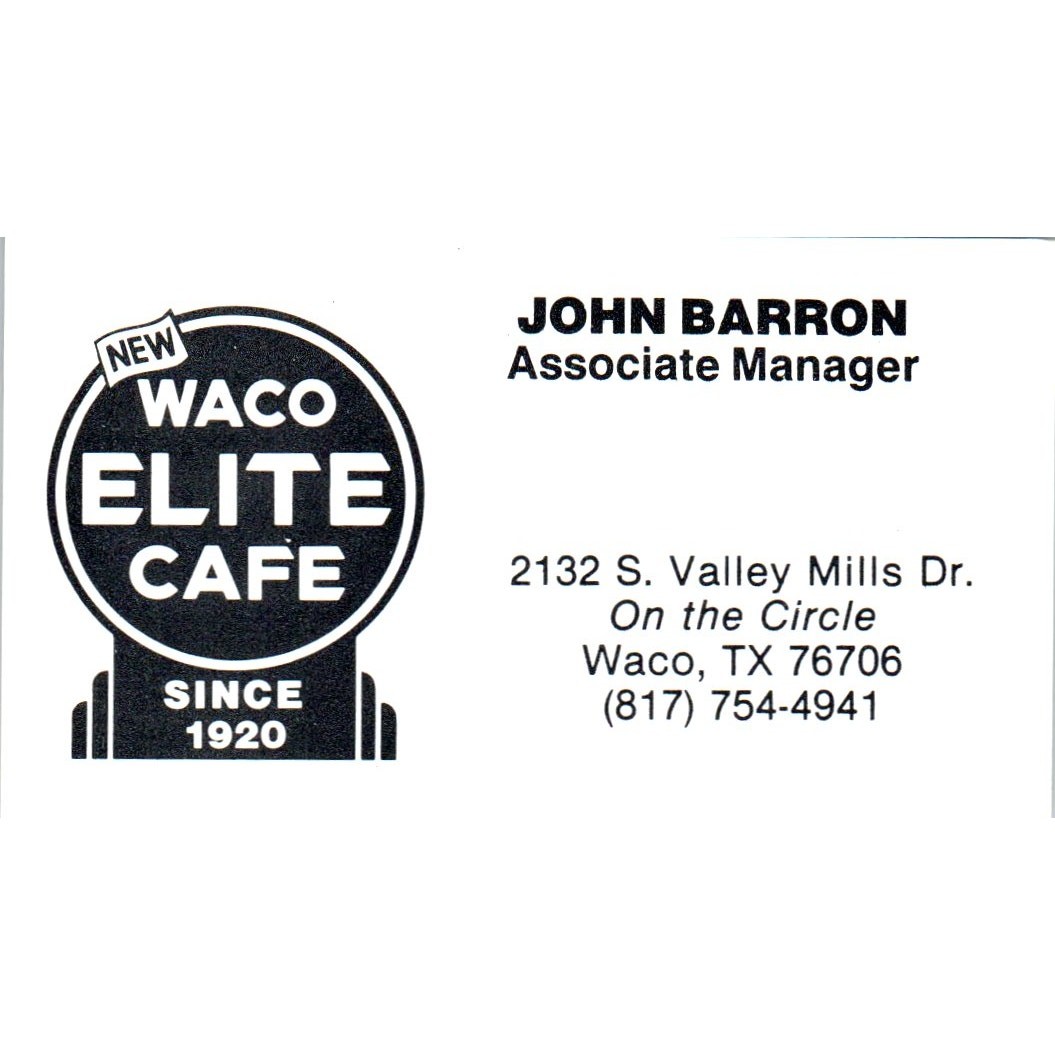 John Barron Waco Elite Cafe TX Vintage Business Card SD8-B6