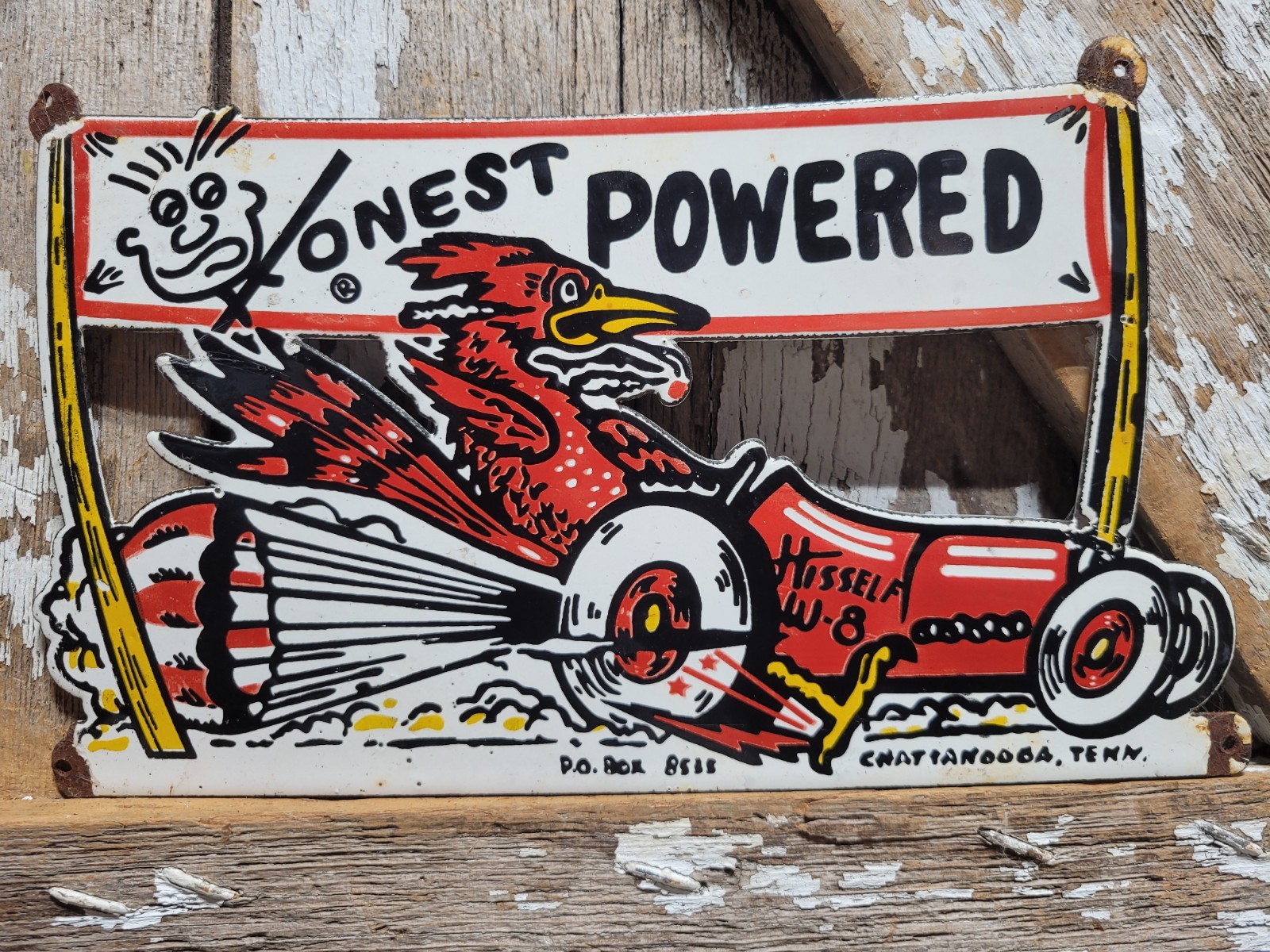 VINTAGE HONEST POWERED PORCELAIN SIGN RARE OLD HISSELF HOTROD RACE CAR PARTS 12