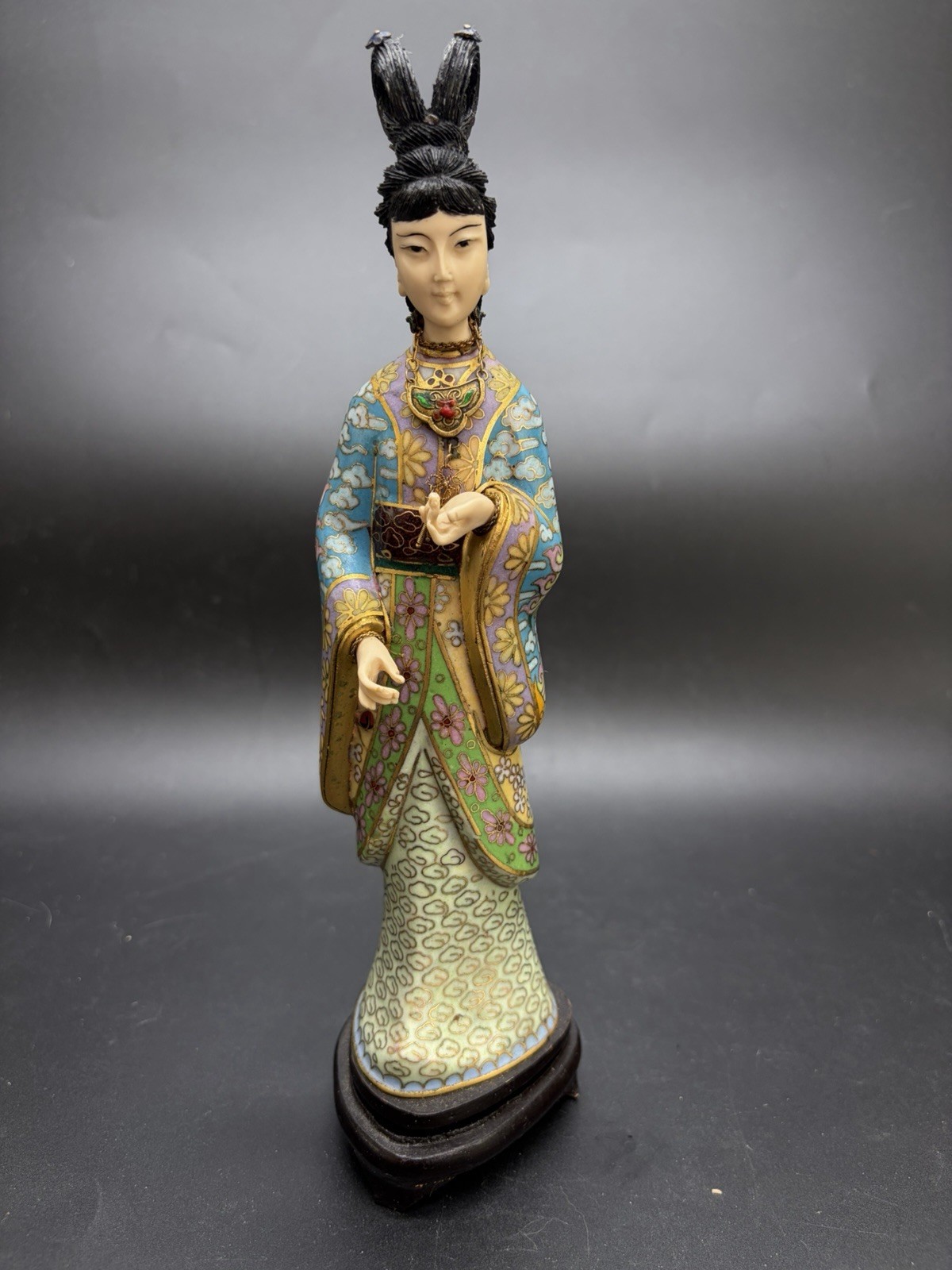 Incredible VTG Cloisonne Traditional Woman Figurine Intricate Detail 10” Tall