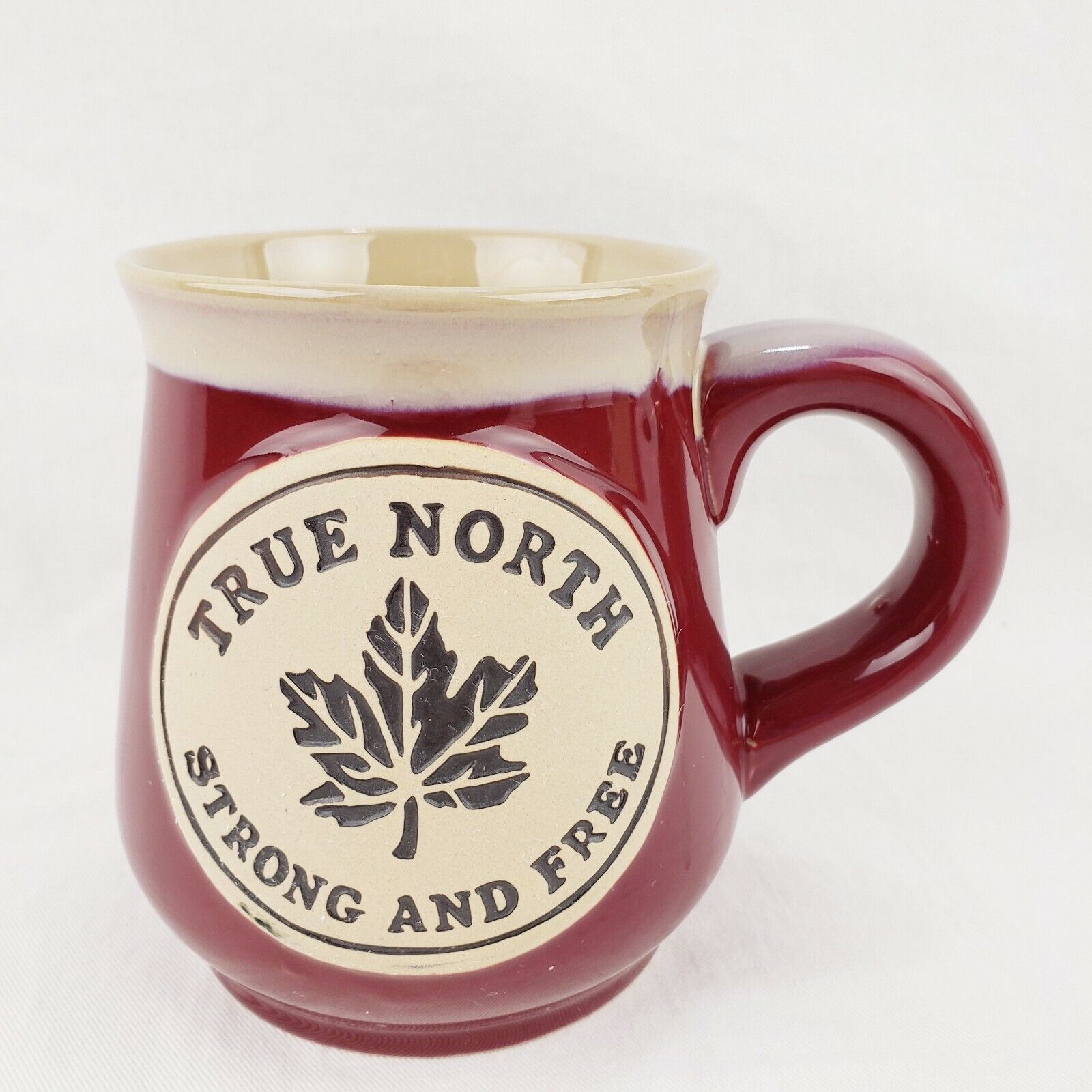 Pottery Mug True North Strong and Free Canadian Red Glazed 14 fl oz 