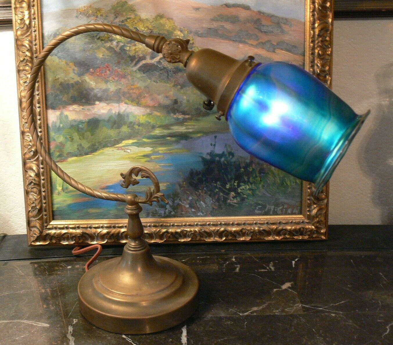 Art Deco gooseneck desk lamp Brass w Blue iridescent Aurene Glass shade  Nouveau