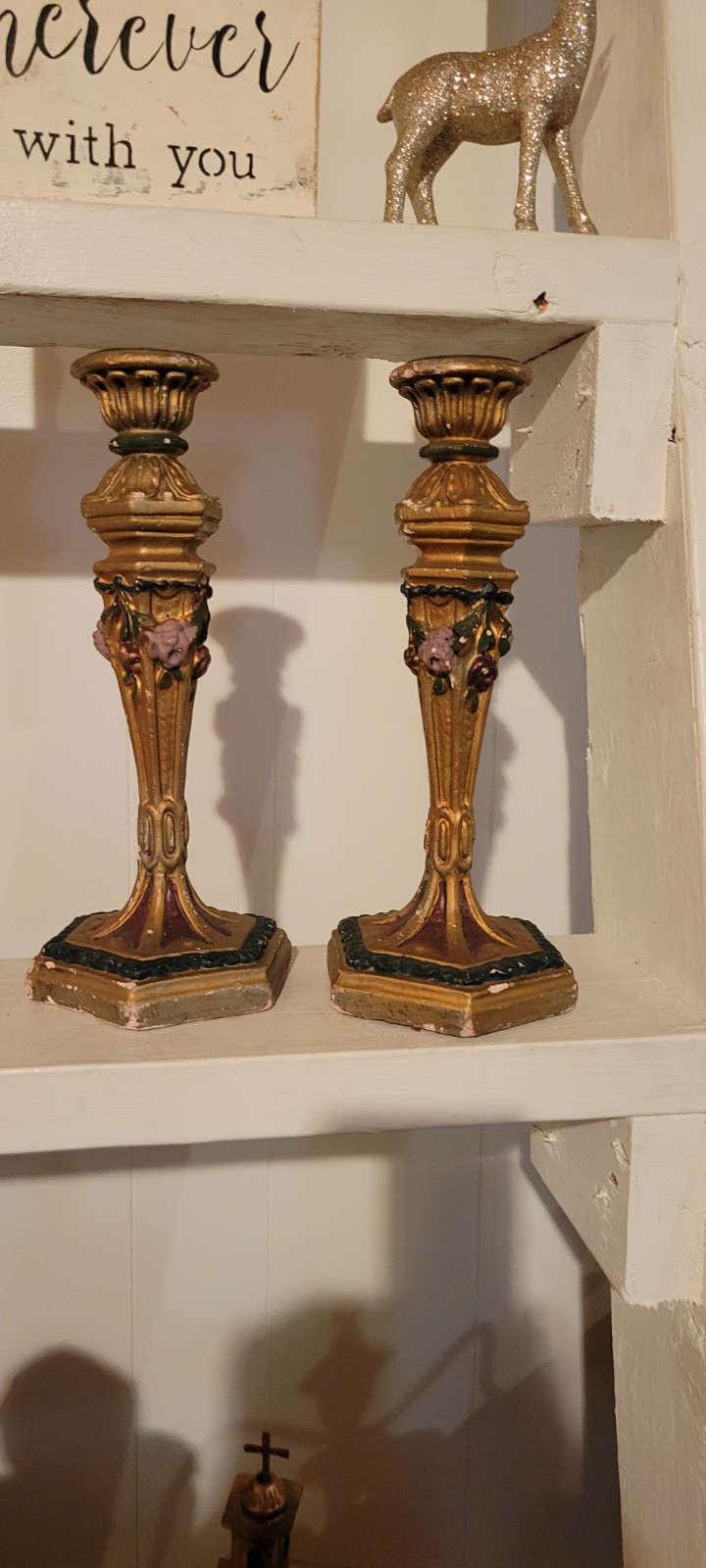 2 Vtg Italian Cast Painted Plaster Chalk Tall Candlesticks Gold And Flowers