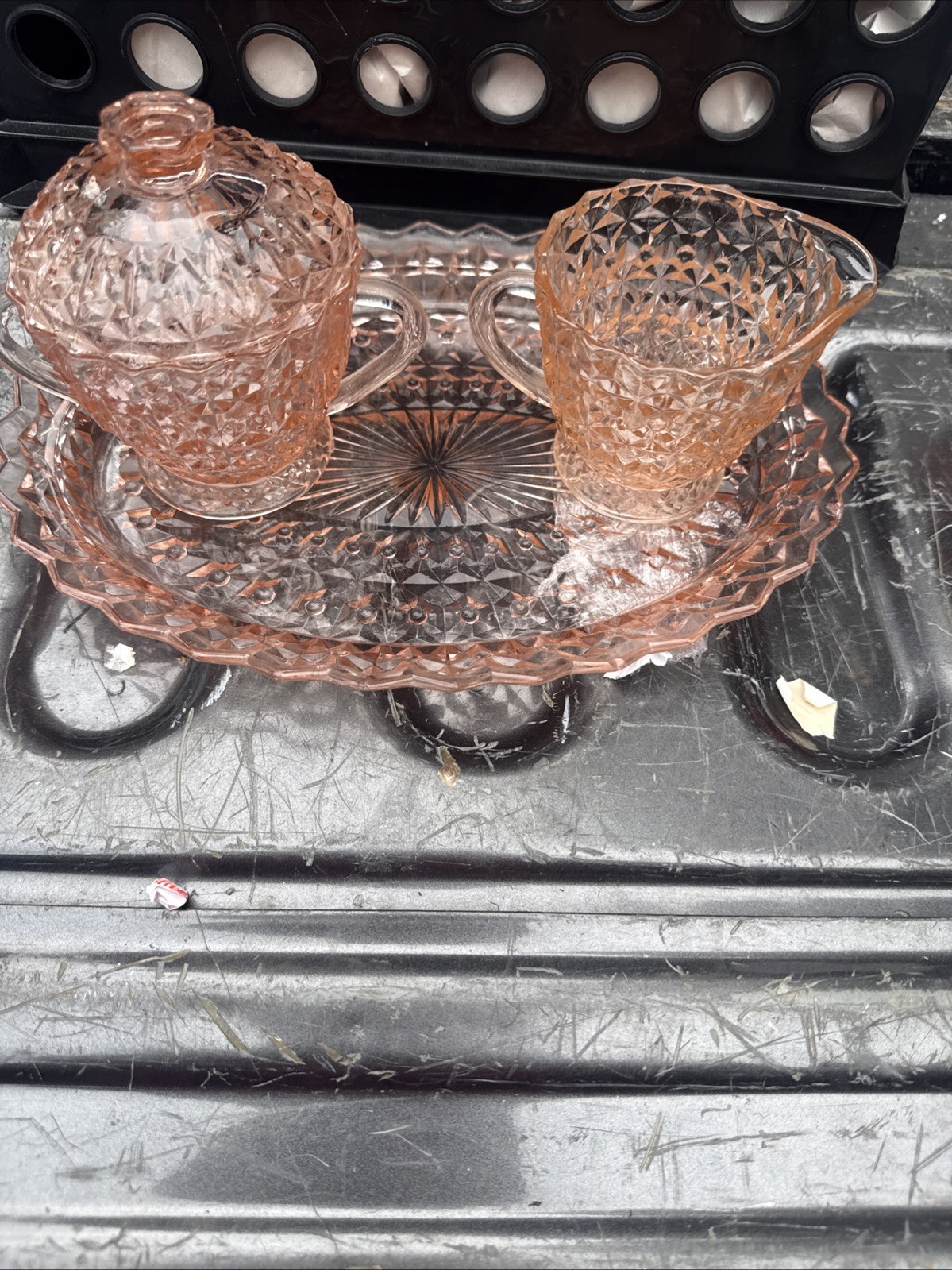 Vtg Jeanette Cube/Cubist Pink Depression Glass Set Creamer, Sugar, Platter