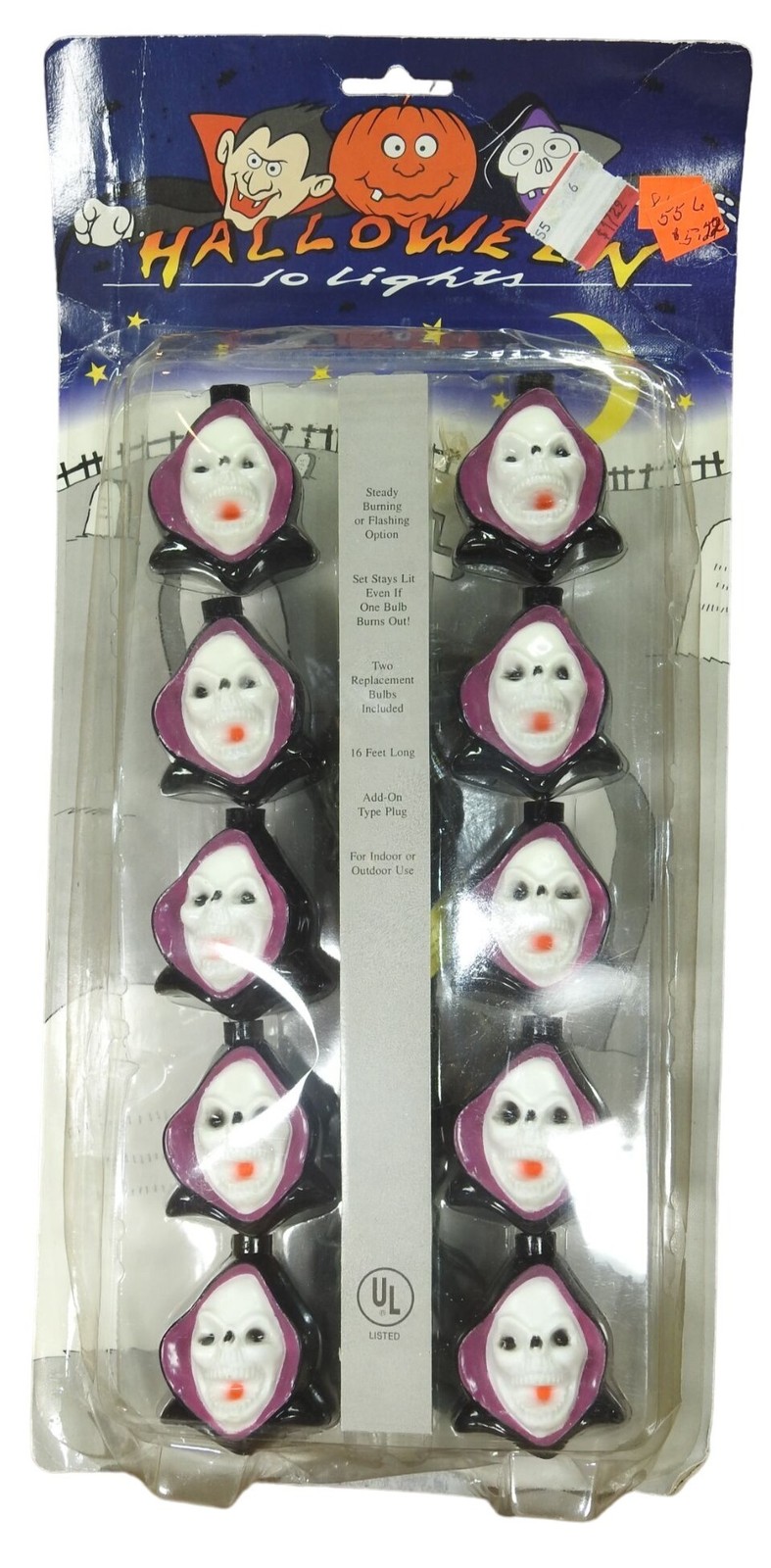 Vintage Kurt Adler Halloween 10 String Light Plastic Skull Witch Grim Reaper