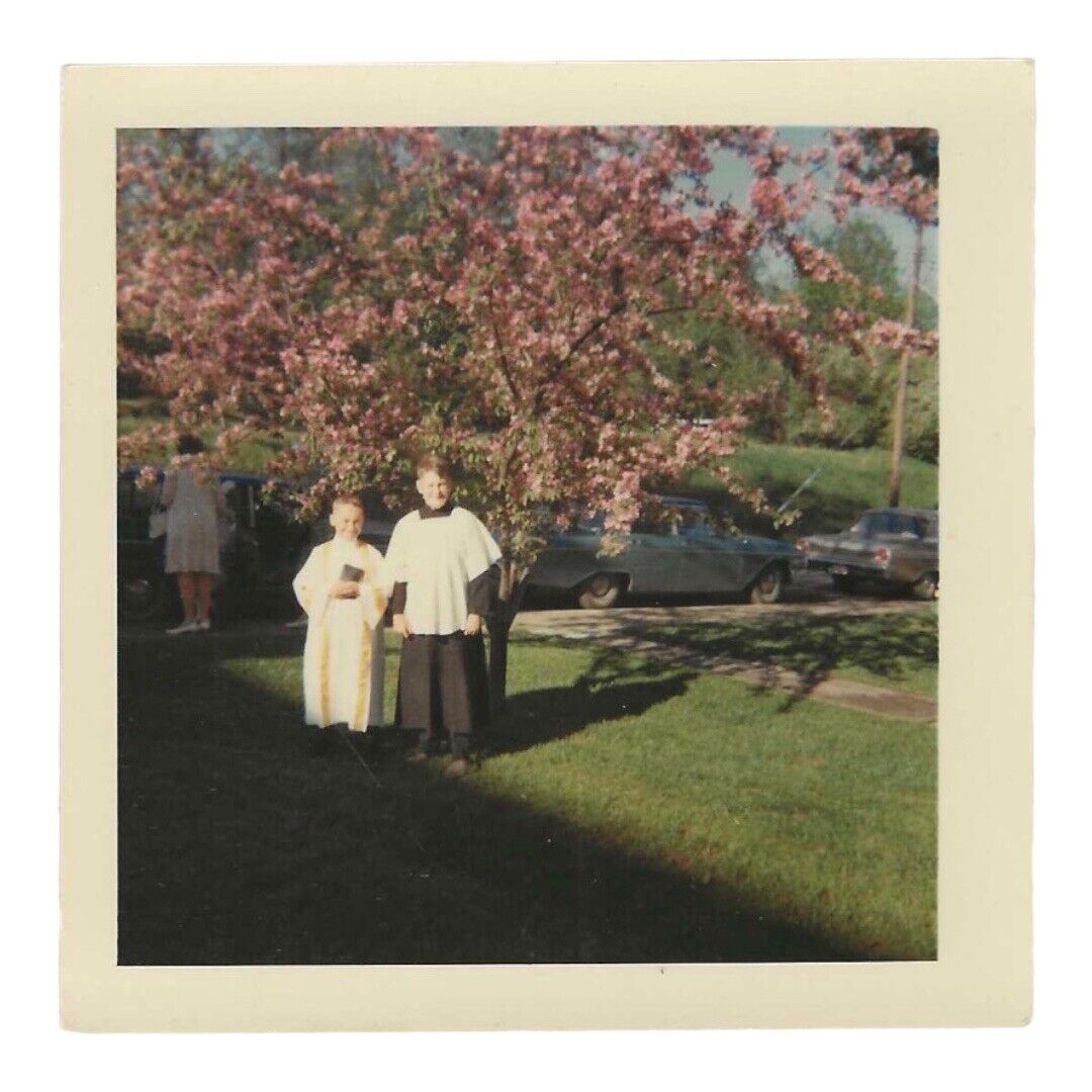 1960s Color Snapshot First Communion Catholic  Pink Tree Vintage Photo