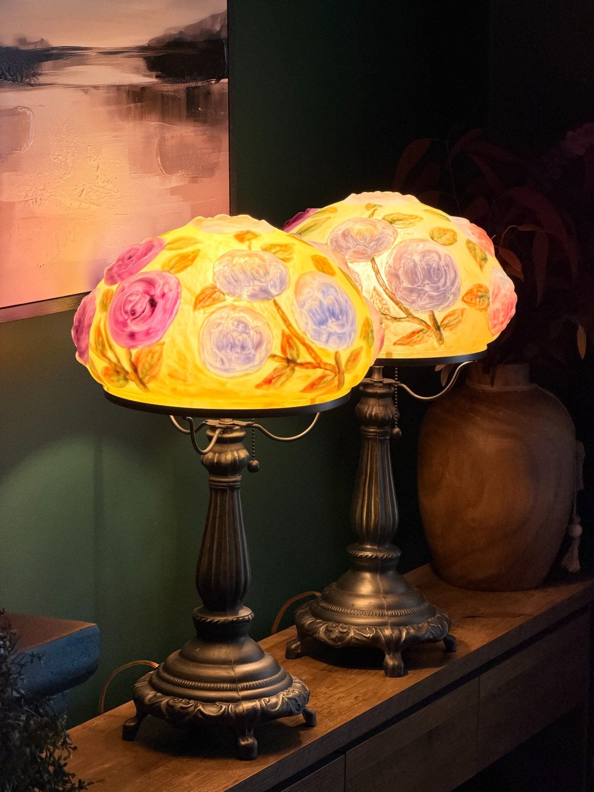 Pair Vintage Pairpoint Style Puffy Rose Reverse Painted Glass Table Lamps Floral
