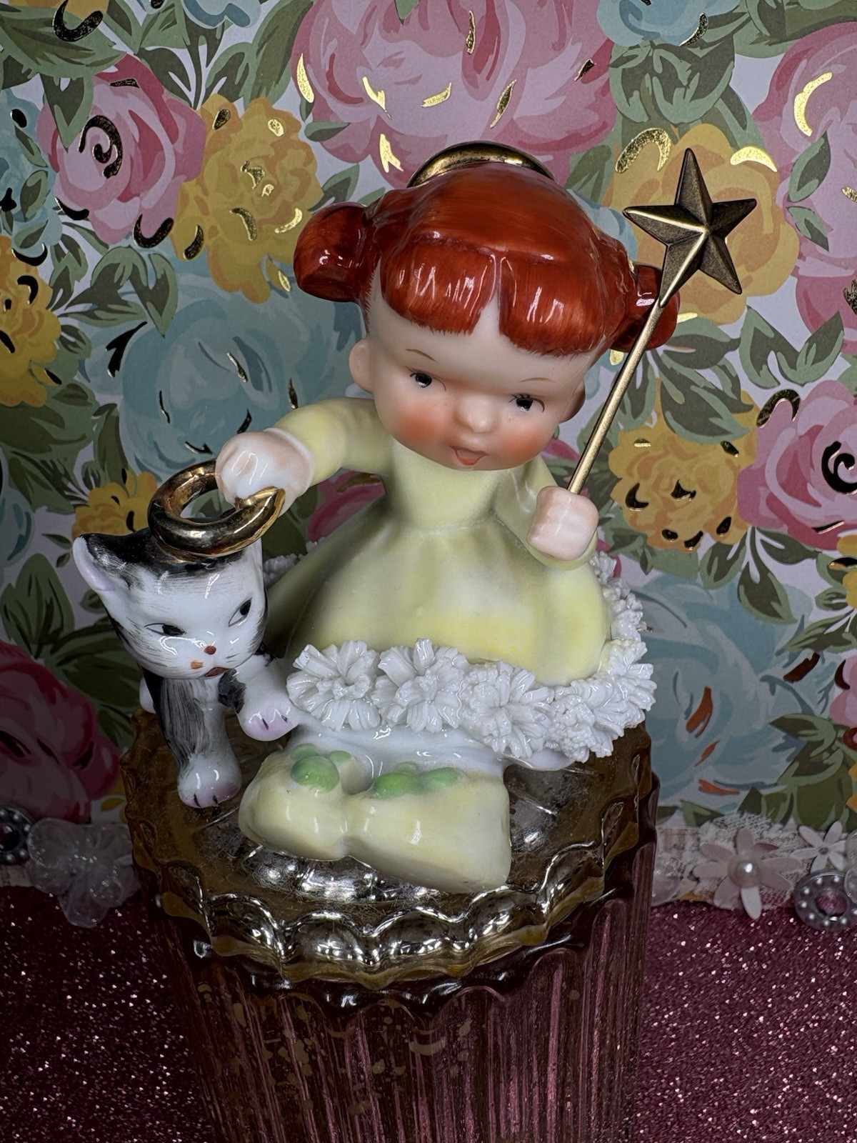 Vtg Ardalt Angel Girl In Yellow W/ Kitty Cat Star Wand Christmas Figurine Japan