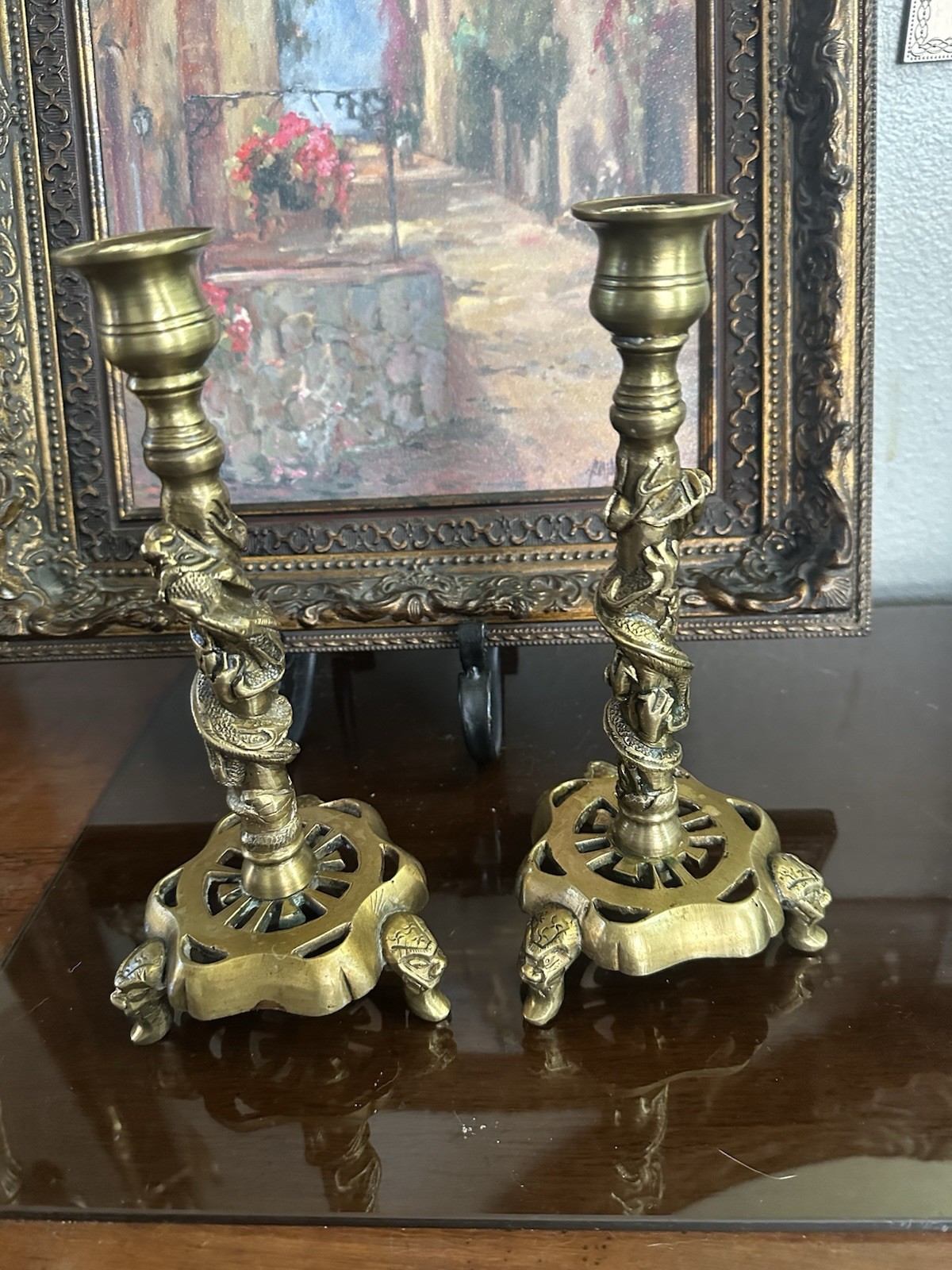 Antique Dragon Mythology Candlestick Set of 2 Brass Statue Figure Candle Holder