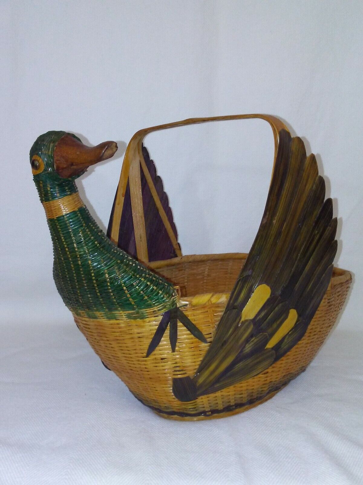 Vintage Woven Wicker Basket with Handle Mallard Duck Handpainted  15