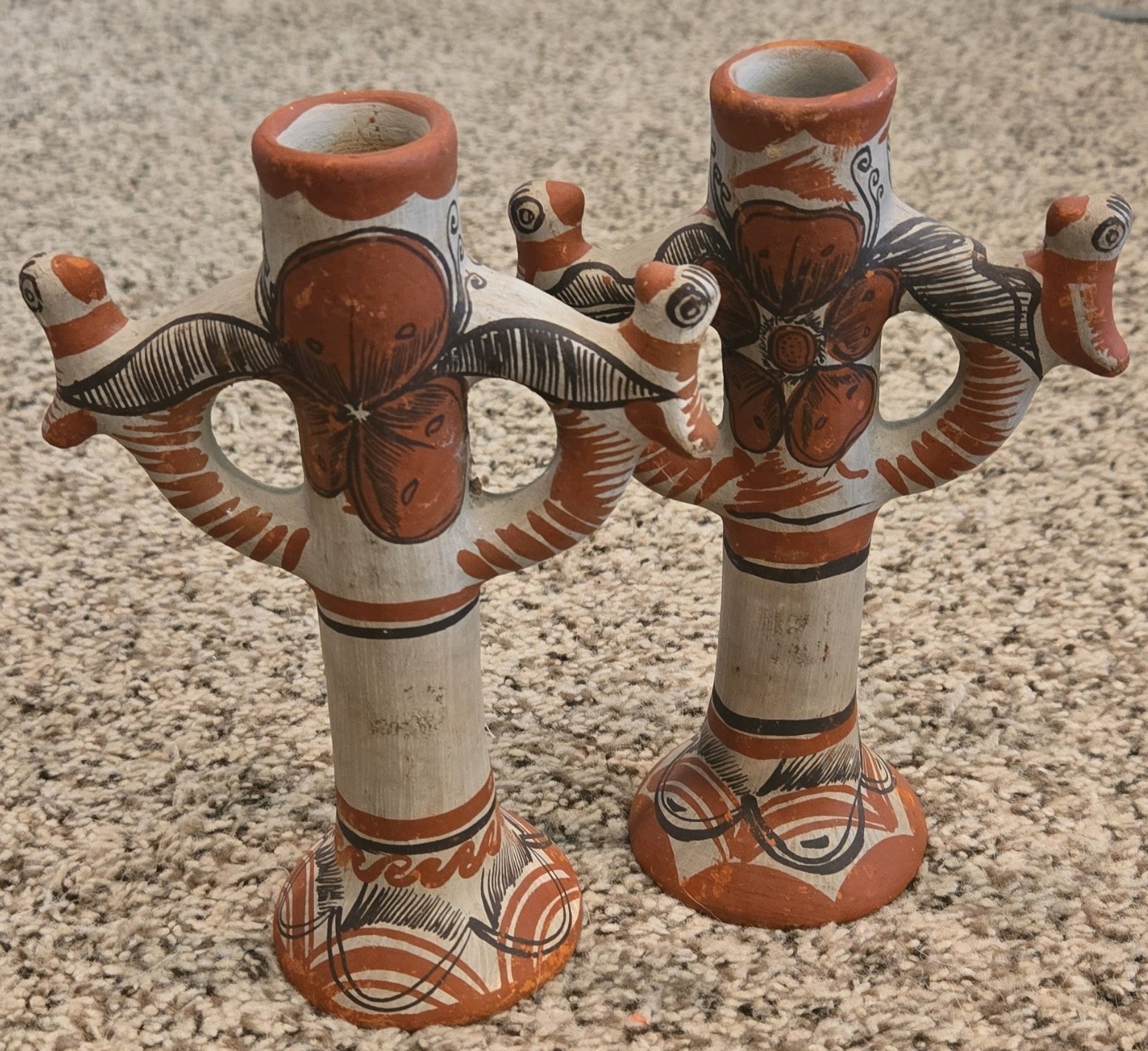 Vintage Guerrero Mexico Folk Art Floral Birds Candlestick Pair Vintage Guerrero Mexico Folk Art Floral Birds Candlestick Pair