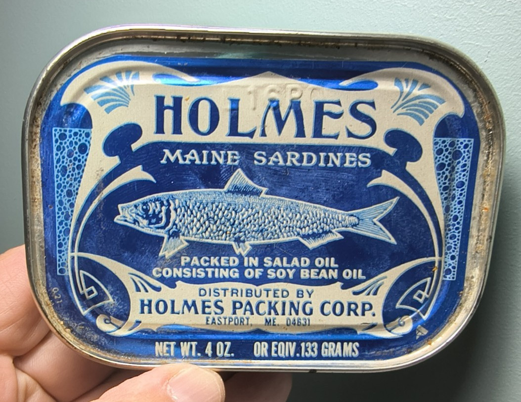 Vintage Holmes Sardines EASTPORT MAINE in Salad Oil Soy Bean Oil Empty Tin 4 oz