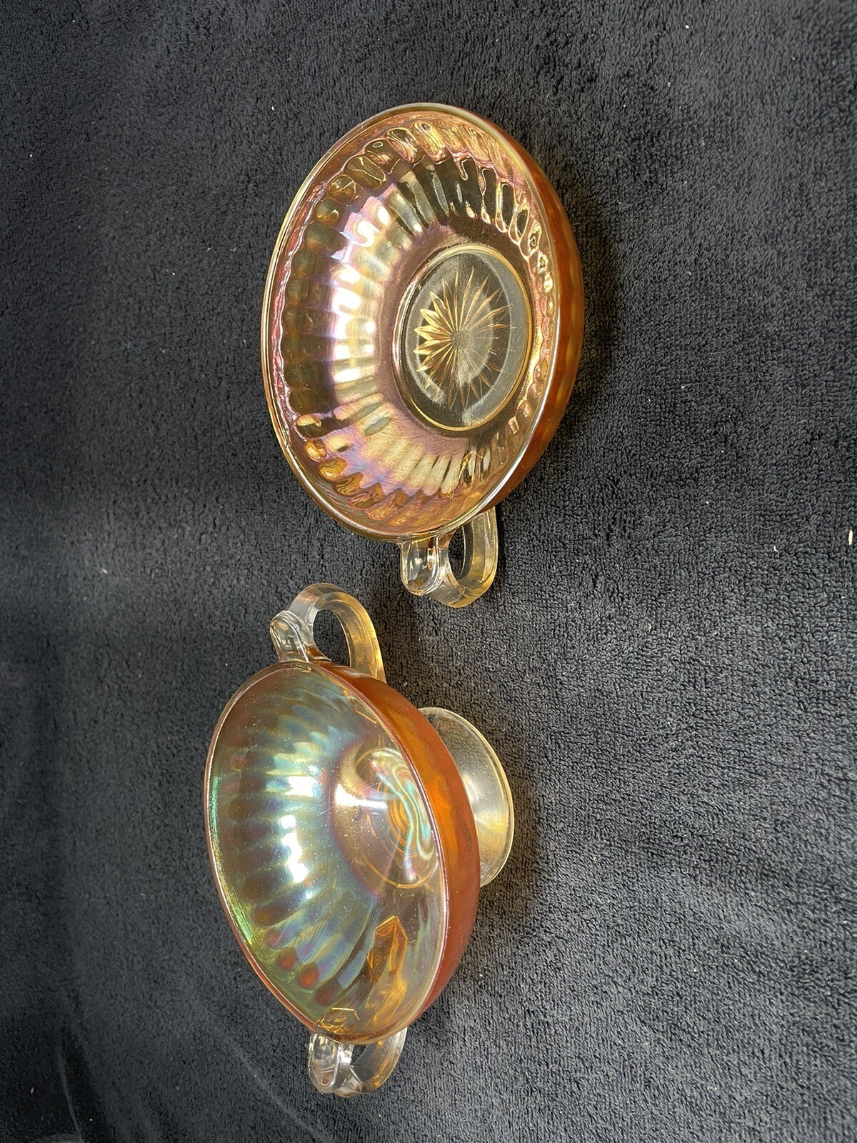 Marigold Carnival Glass Nappy Bowl And Open Sugar Imperial Glass Smooth Rays