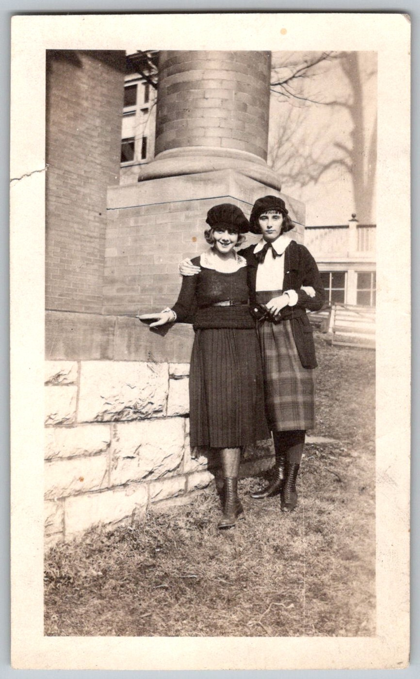 Vtg B&W Snapshot Two Flapper Fashion Women Berets Plaid Skirt Column 1920s