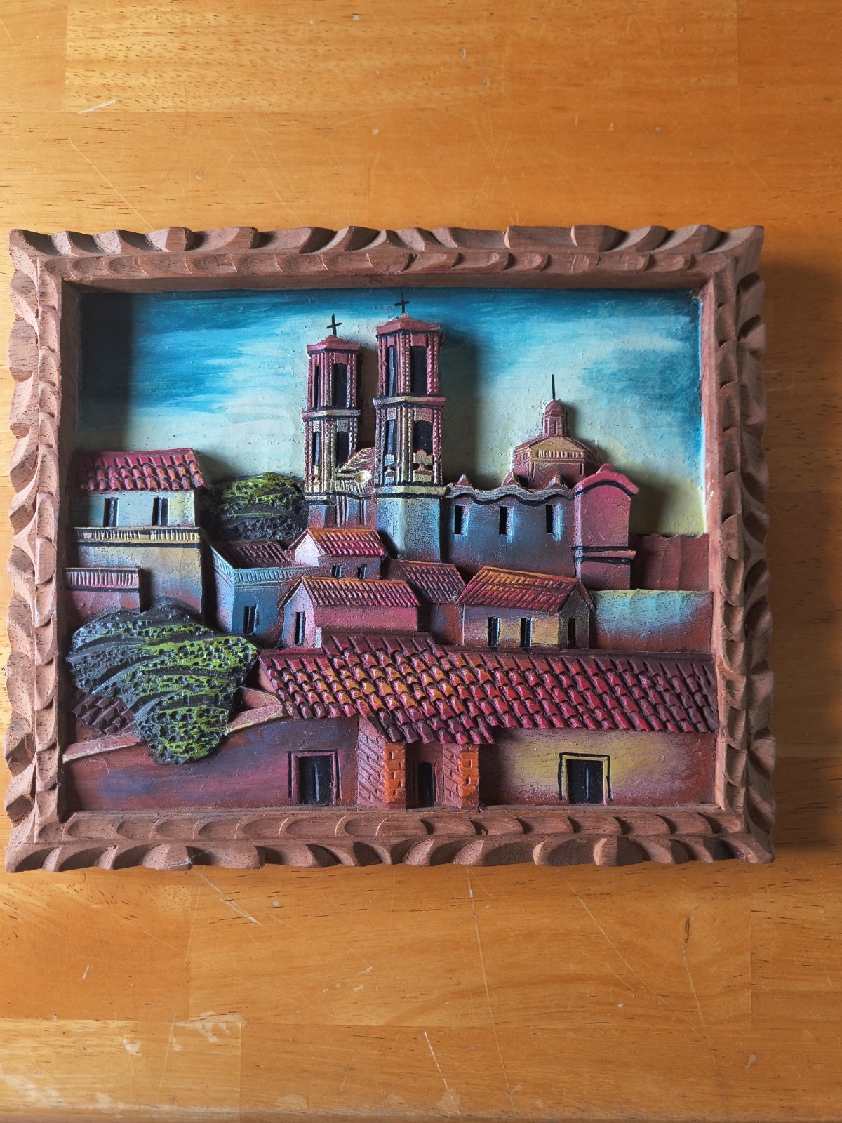 Vintage Mexican Folk Art Hand Carved Wood 3D Relief Plaque Village Church 10x12