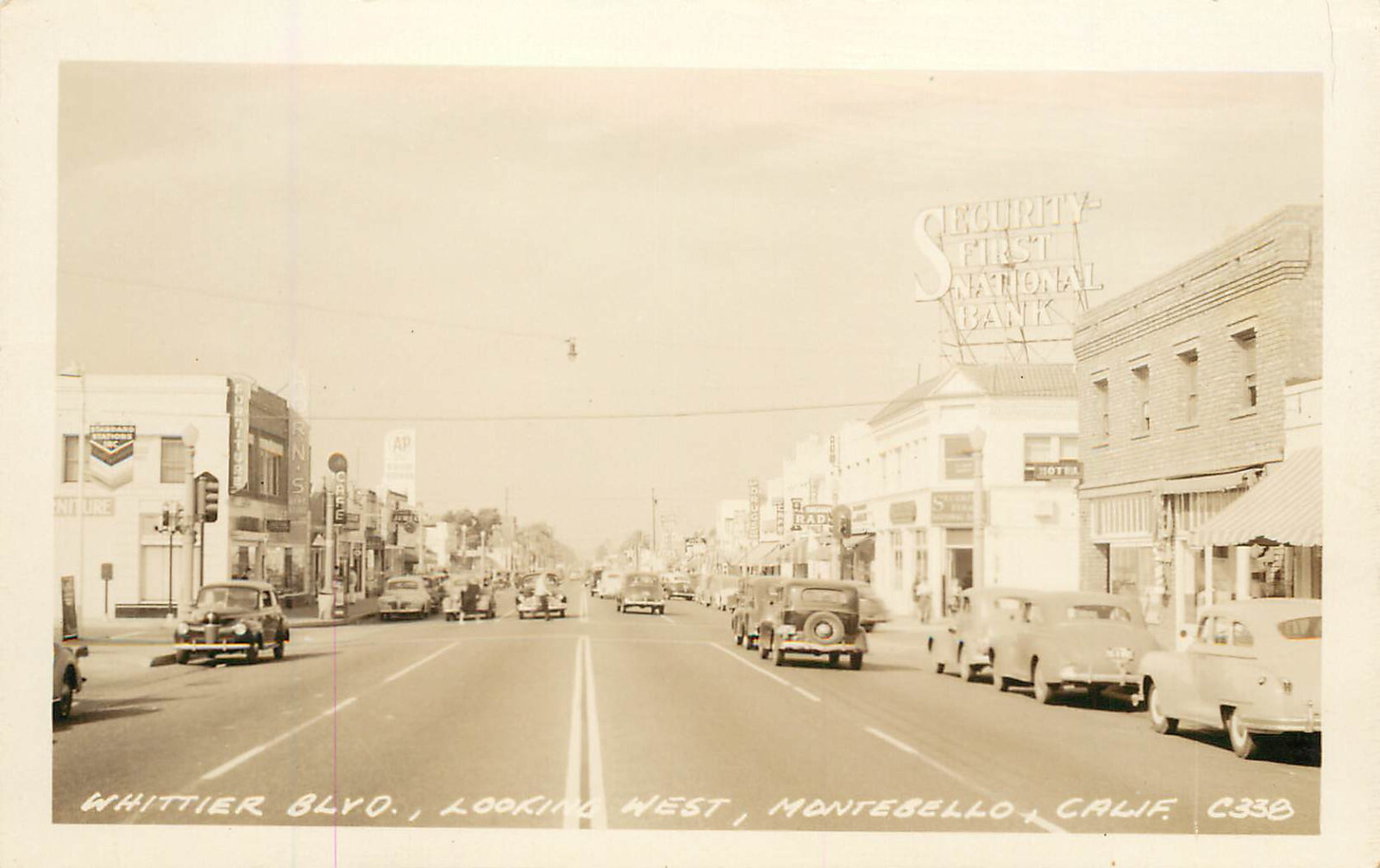 RPPC Postcard Whittier Blvd. Street Scene Montebello CA Security First Bank C358