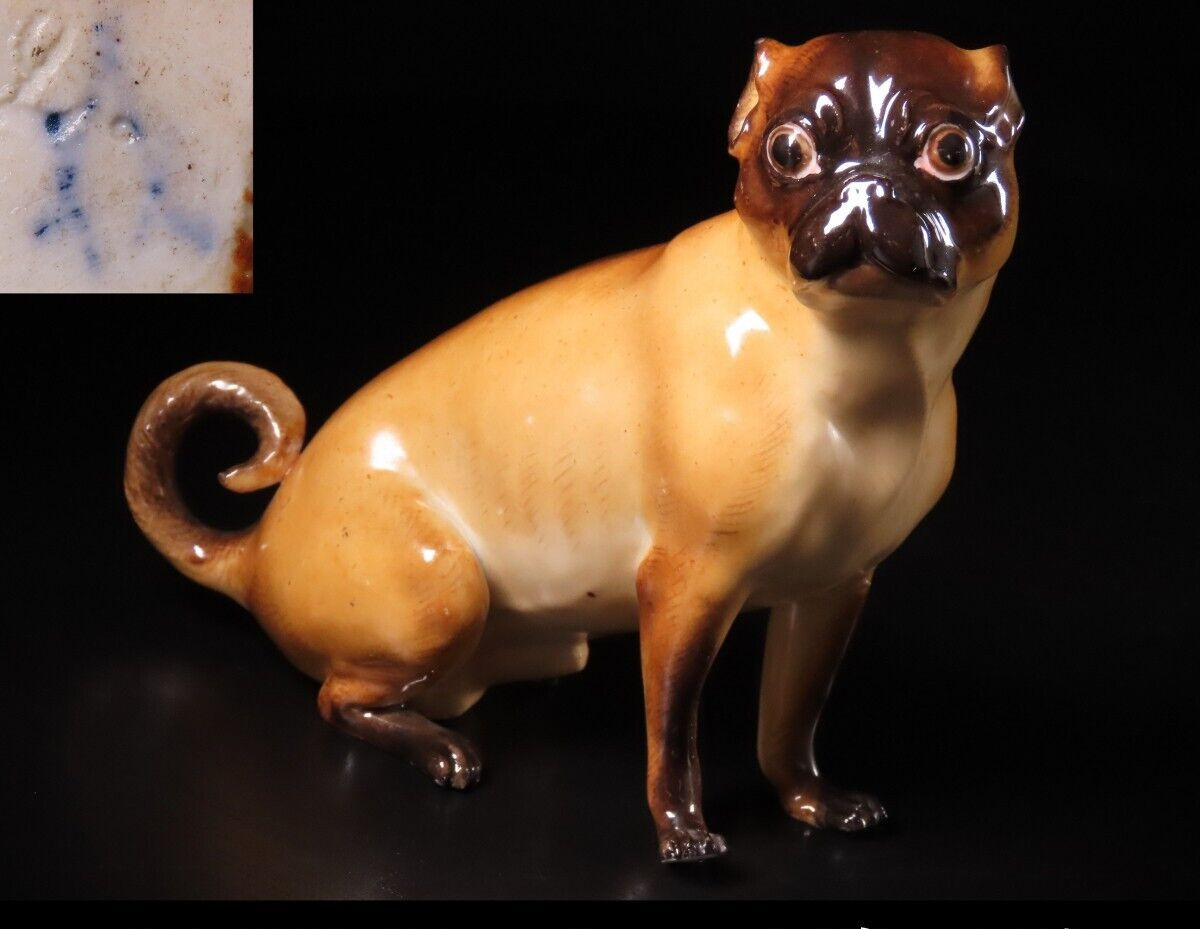 Rare Antique Old Meissen Large Pug Dog - Handpainted Porcelain Figurine