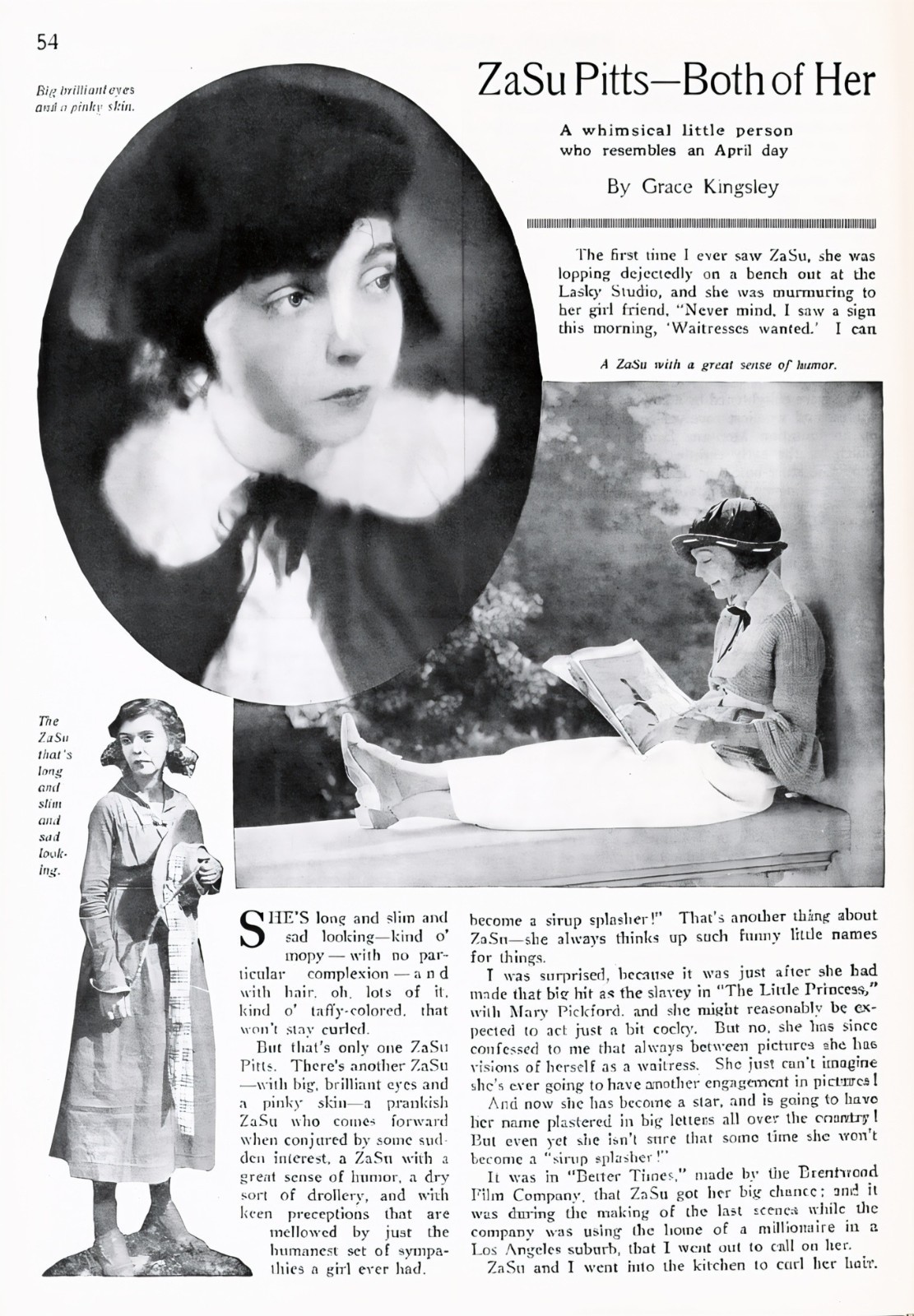 ZASU PITTS 2 page + Article - Screen Actor in 1919 - 8.5 x 11 inch Reprint