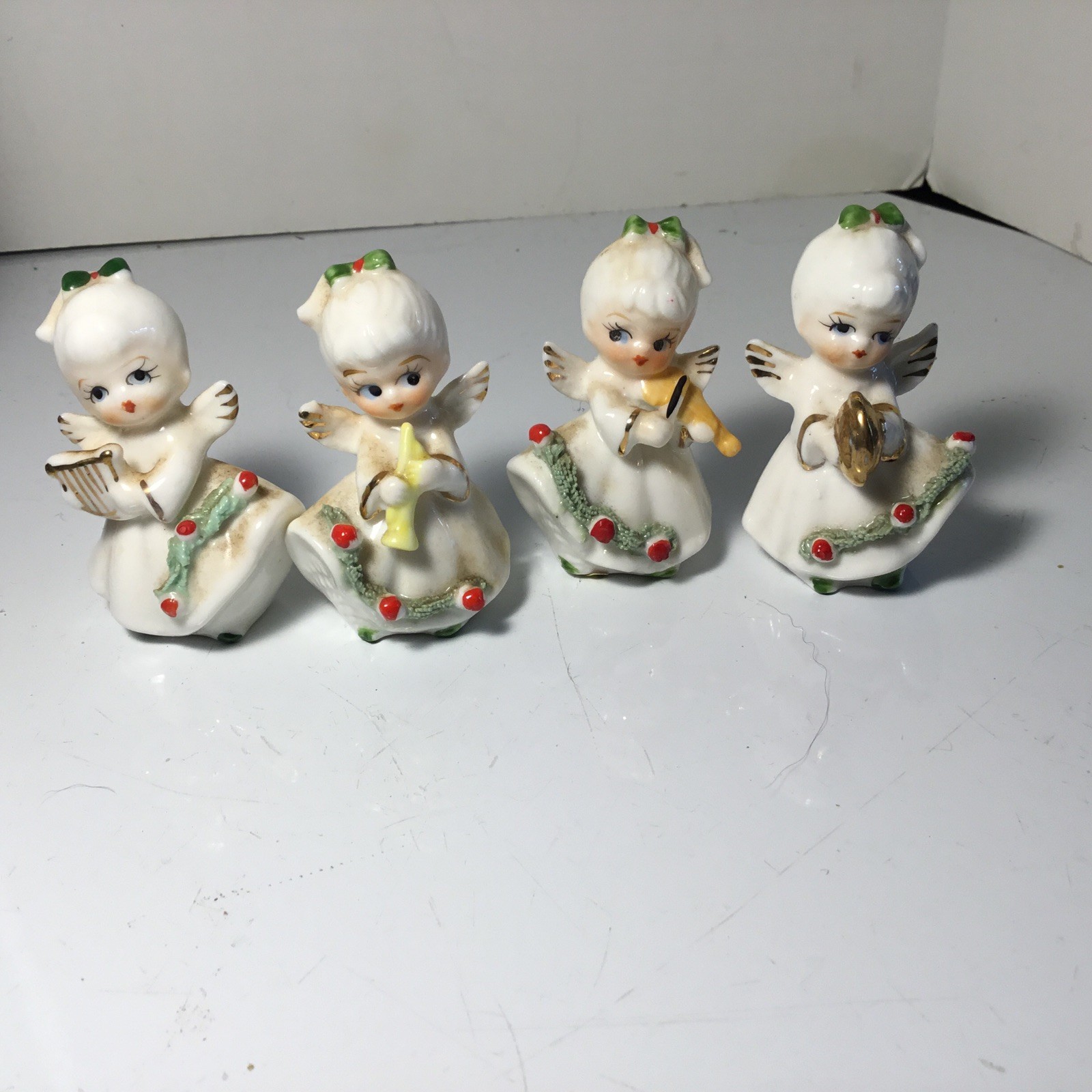 VTG Taiwan Painted Ceramic Set 4 Choir Angel Girl Instruments MCM 