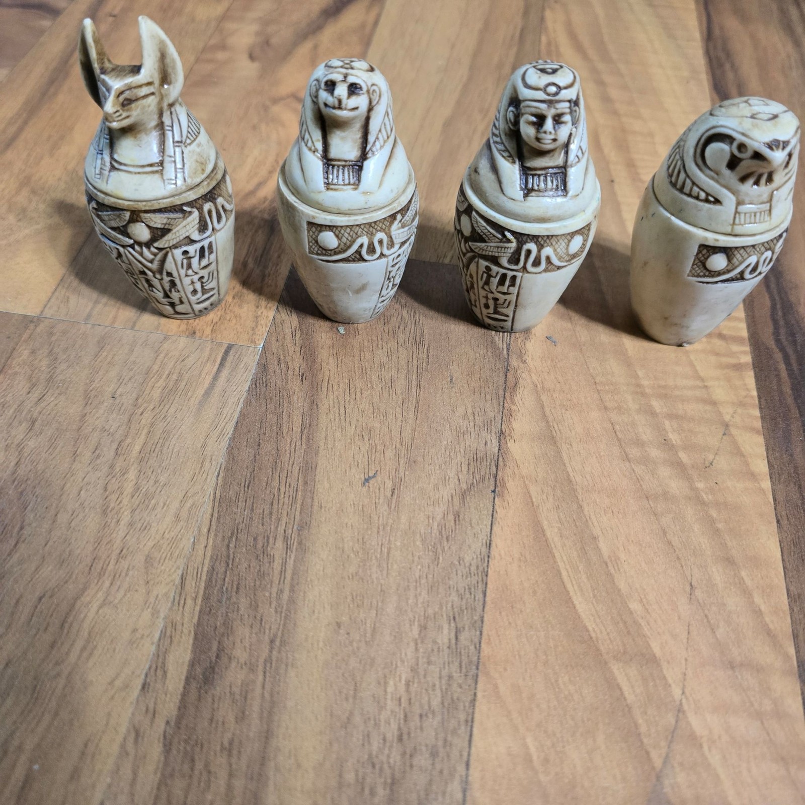 Egyptian Canopic Jar Figurines Lot 4 Beige Small Resin Style Mummy Tomb Decor