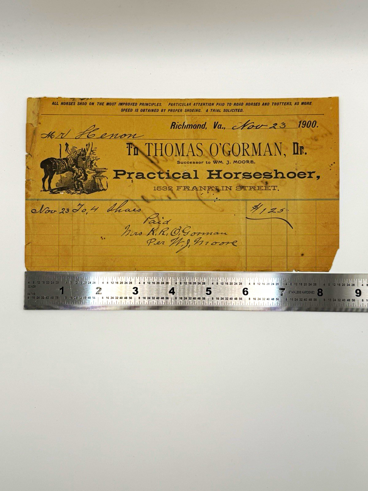 1900 Richmond VA Receipt - Dr. Thomas O'Gorman Practical Horseshoer