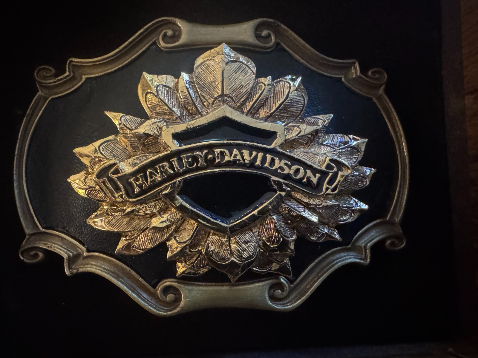 Vintage 1978 Harley Davidson Black & Gold Raintree Belt Buckle New in Box