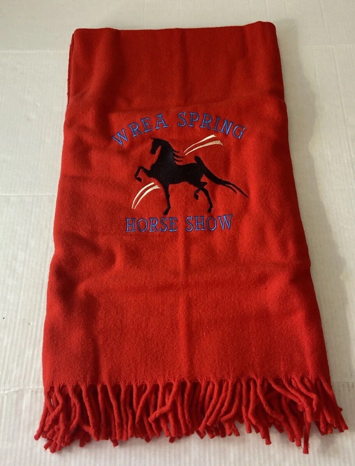 100% WOOL Red  THROW ~ Faribault Woolen Mills ~ 52”X 48” W Embroidered Horse