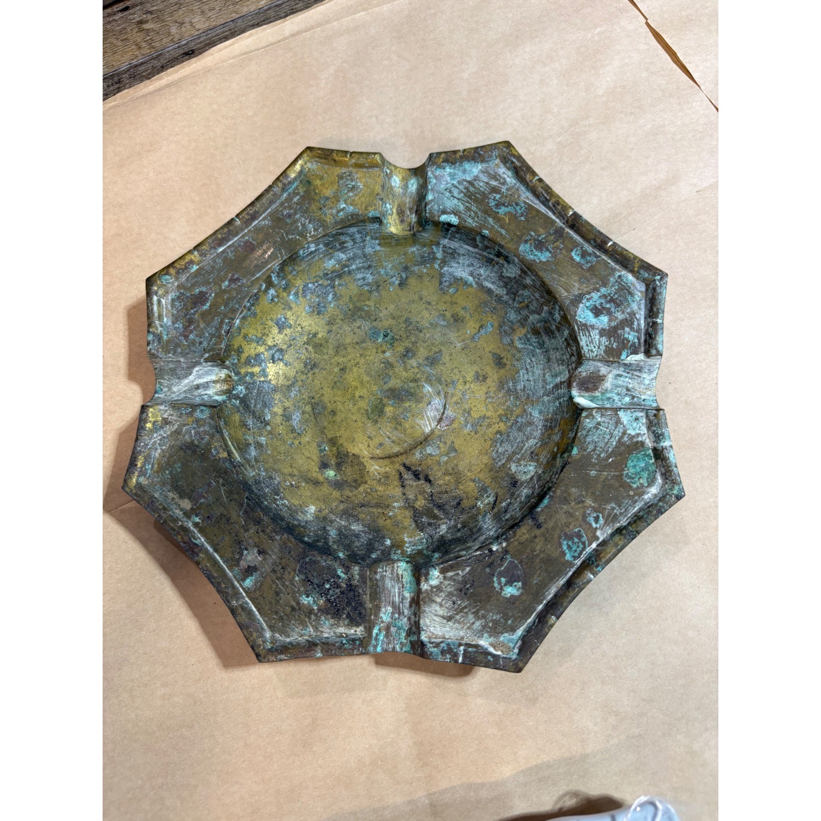 Vintage PWF Solid Brass Ashtray Octagon Star Made in India Heavy Patina 7.5 Inch