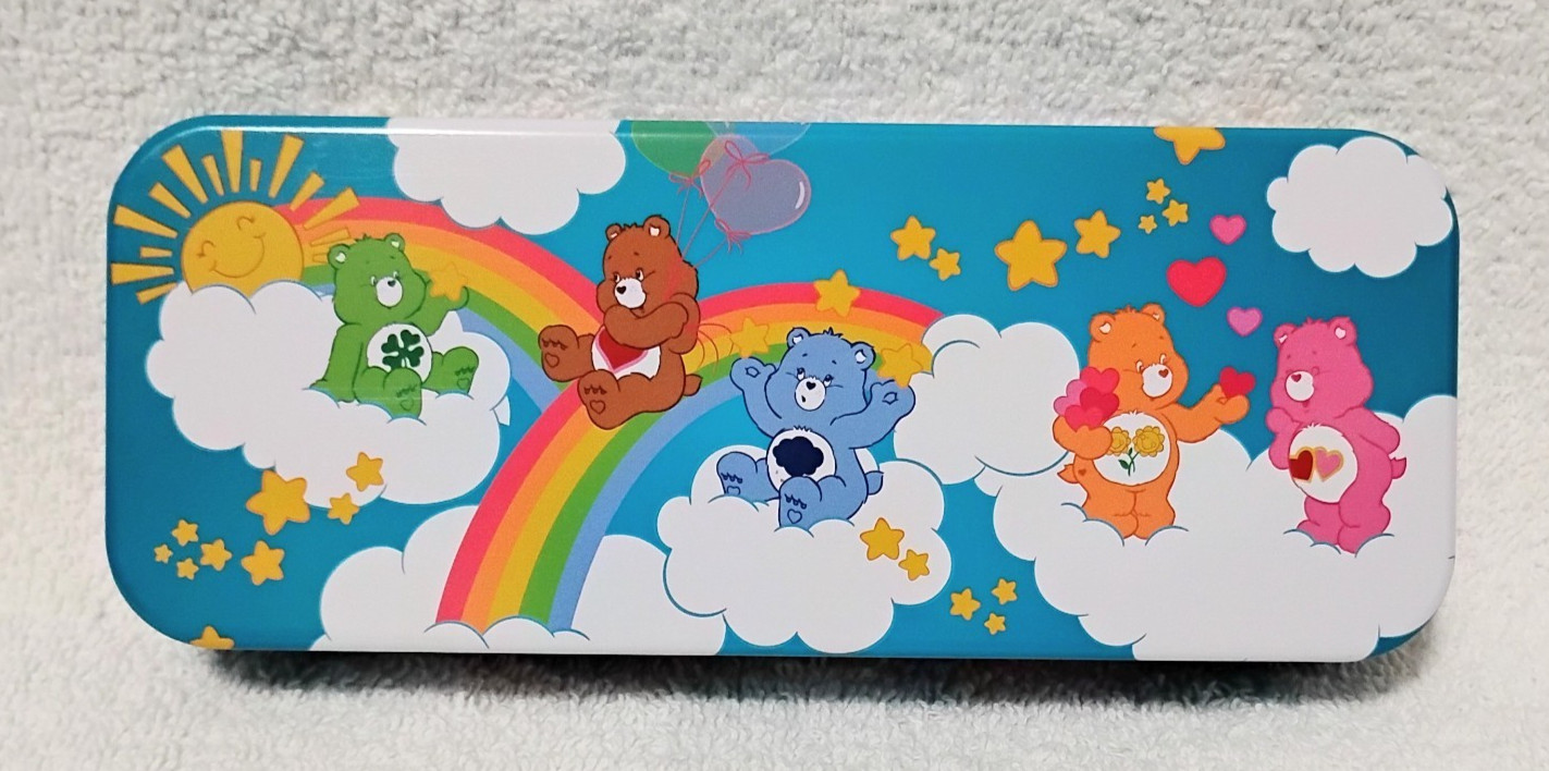 Care Bears Collectible Metal Tin Hinged Box Rainbow Clouds Pencil Organizer