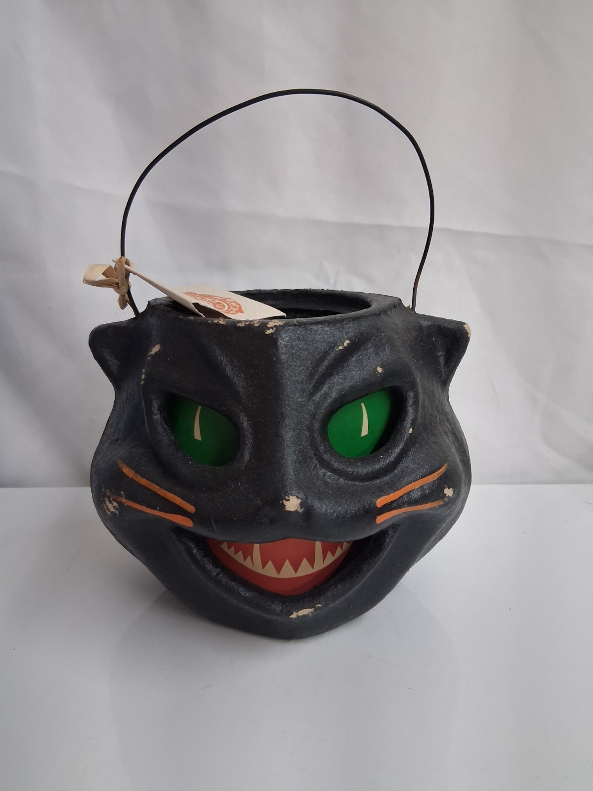 Vintage Seasons Gone By Black Cat Paper Mache Pail Bucket Lantern Halloween 1999