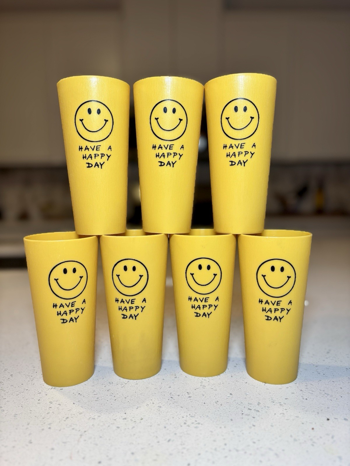 VTG 1970s Have A Happy Day Smiley Face Plastic Cups Tumblers 16 0z_Set Of 7