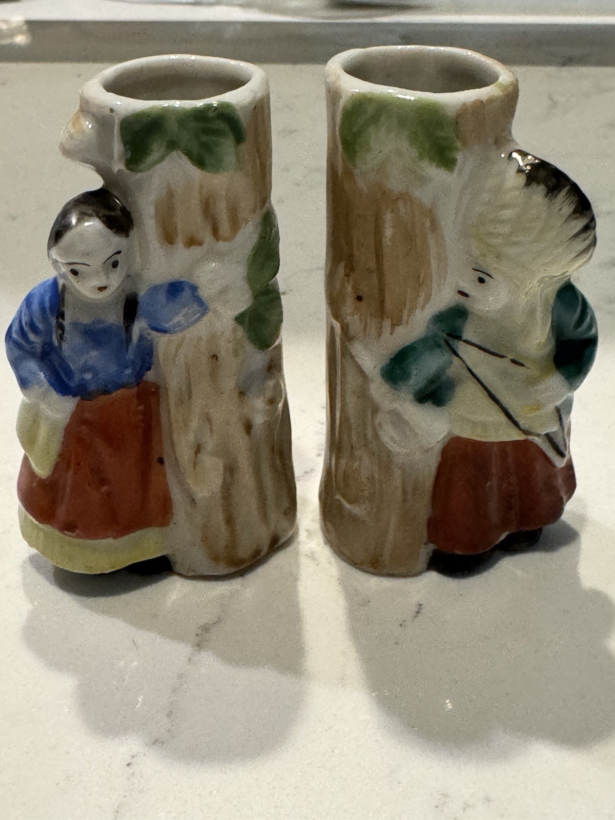 VNTG Pr Porcelain Indian & Lady At Tree Spill Vase Matchsticks Holders Occ Japan