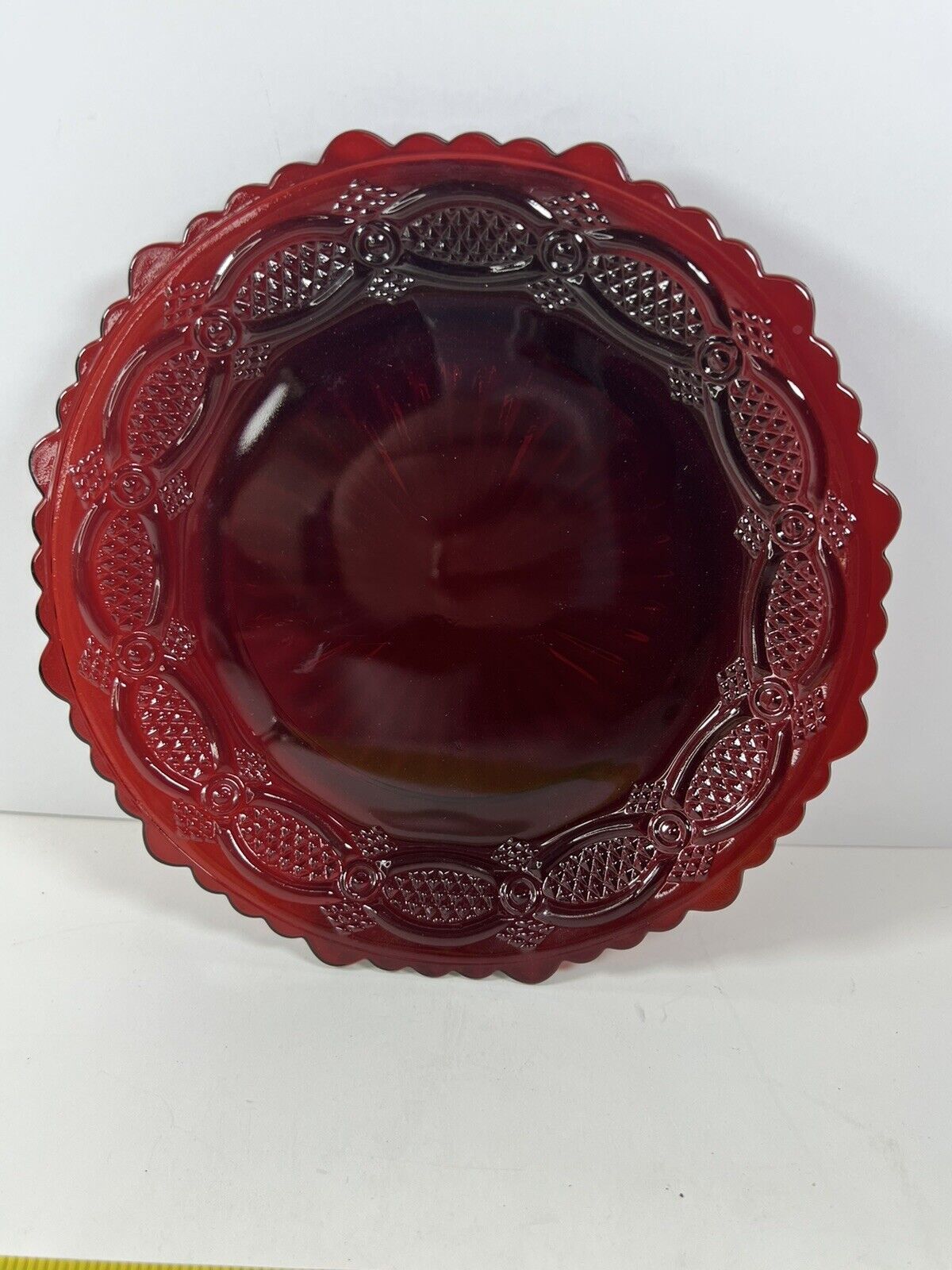Avon 1876 Cape Cod Collection Ruby Red Cranberry Glass Dessert Salad Plate 7.5\