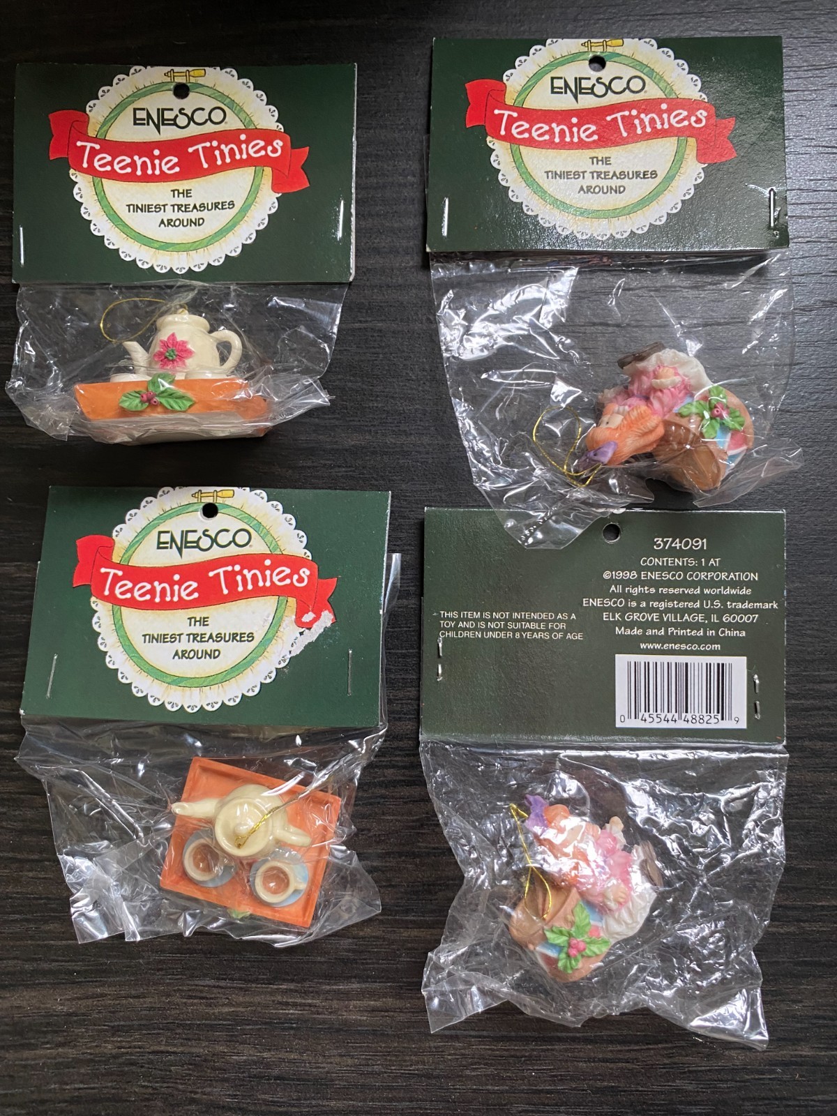 Vtg Lot of Enesco Teenie Tinies Christmas Tea Set Mini Hanging Ornament 1998 NIP