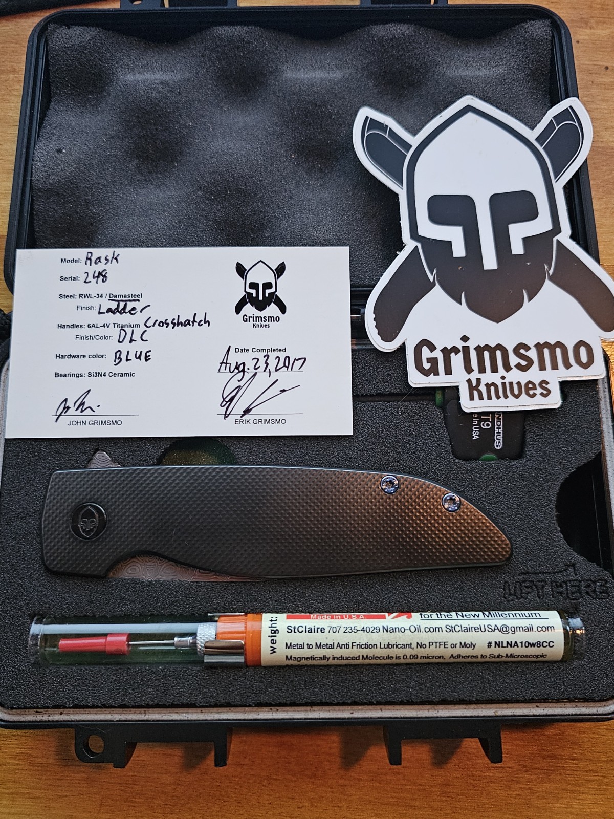 Grimsmo Knives Ladder Damasteel Rask Milled Titanium Black DLC Blue Accents #248