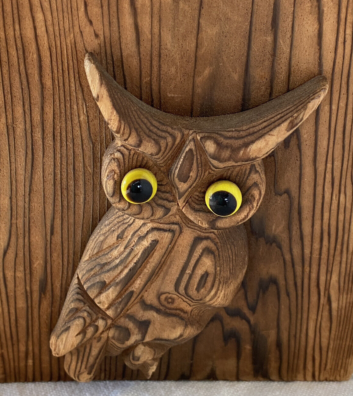 Carved Wood Owl Bookends Glass Eyes Metal Stand 5x5 Inch MCM Boho Nature 1960s