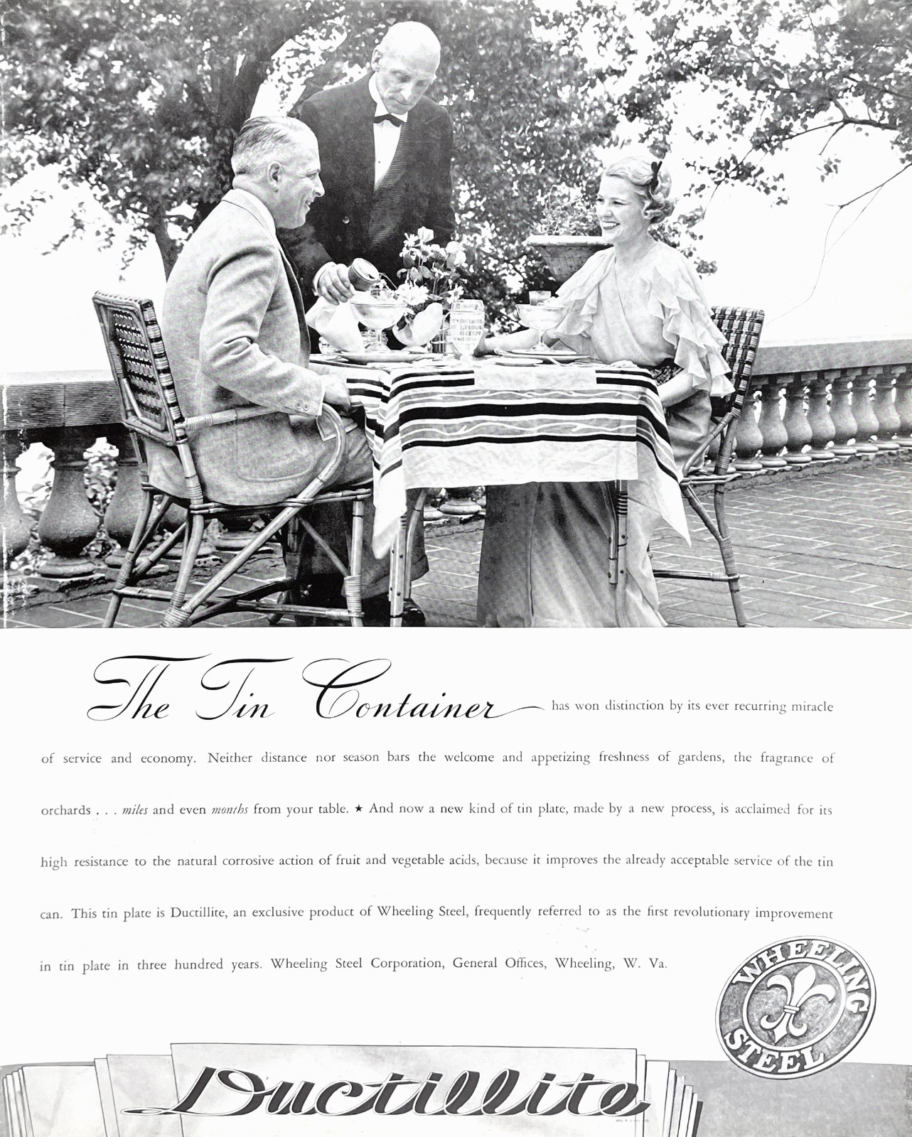 Wheeling Steel Ductilite Tin Plate Meal Wheeling Steel WV Vtg 1935 Mag Print Ad