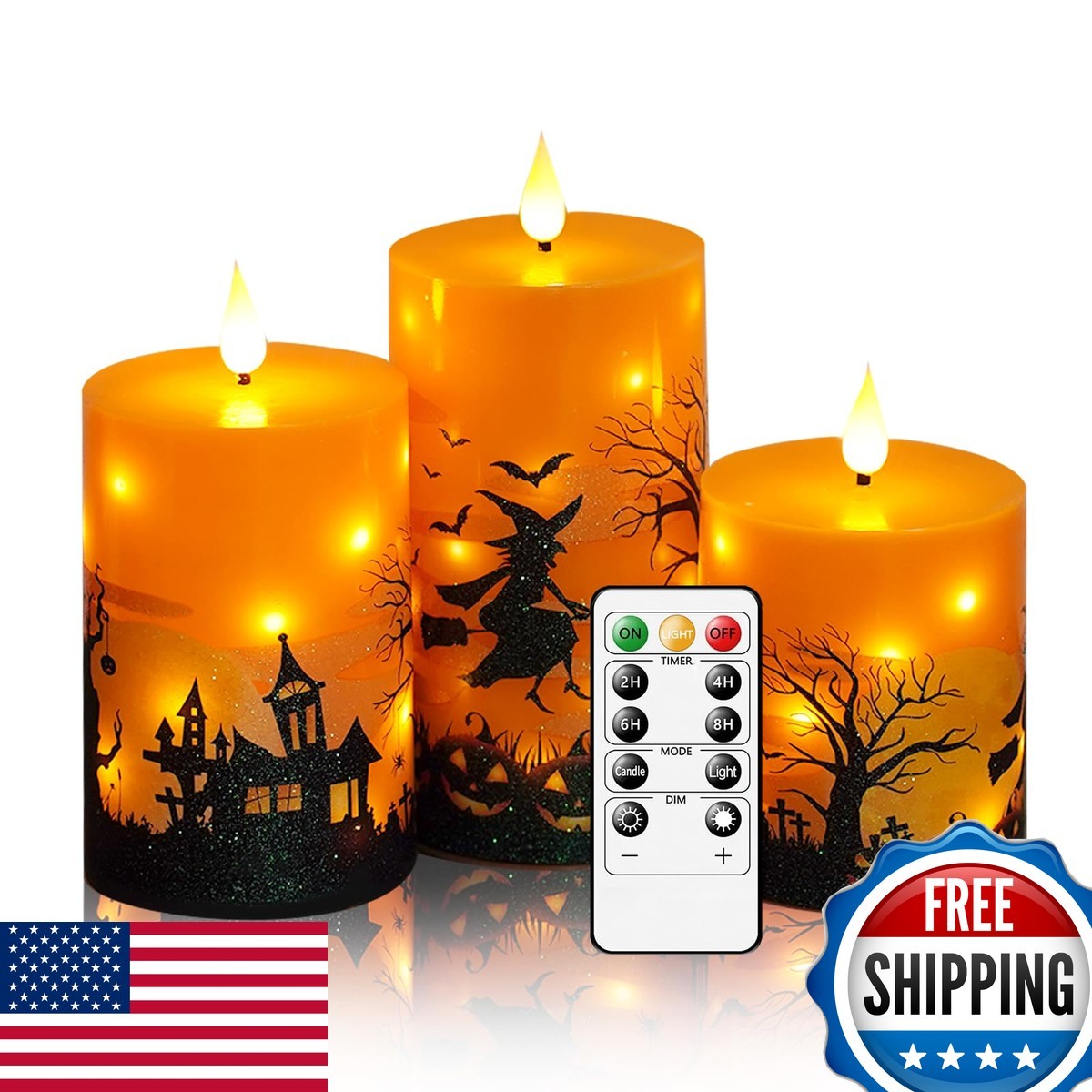 Halloween Flameless Candles Remote Orange LED String Lights Set of 3 Battery