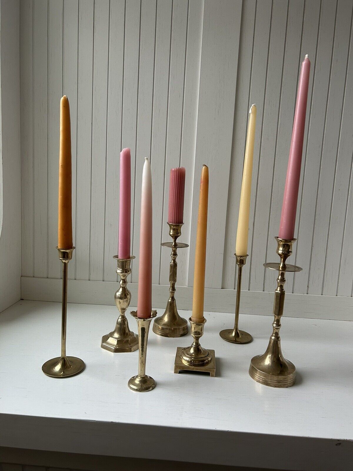 Set Of 7 Vintage Brass Candlestick Holders Made In India
