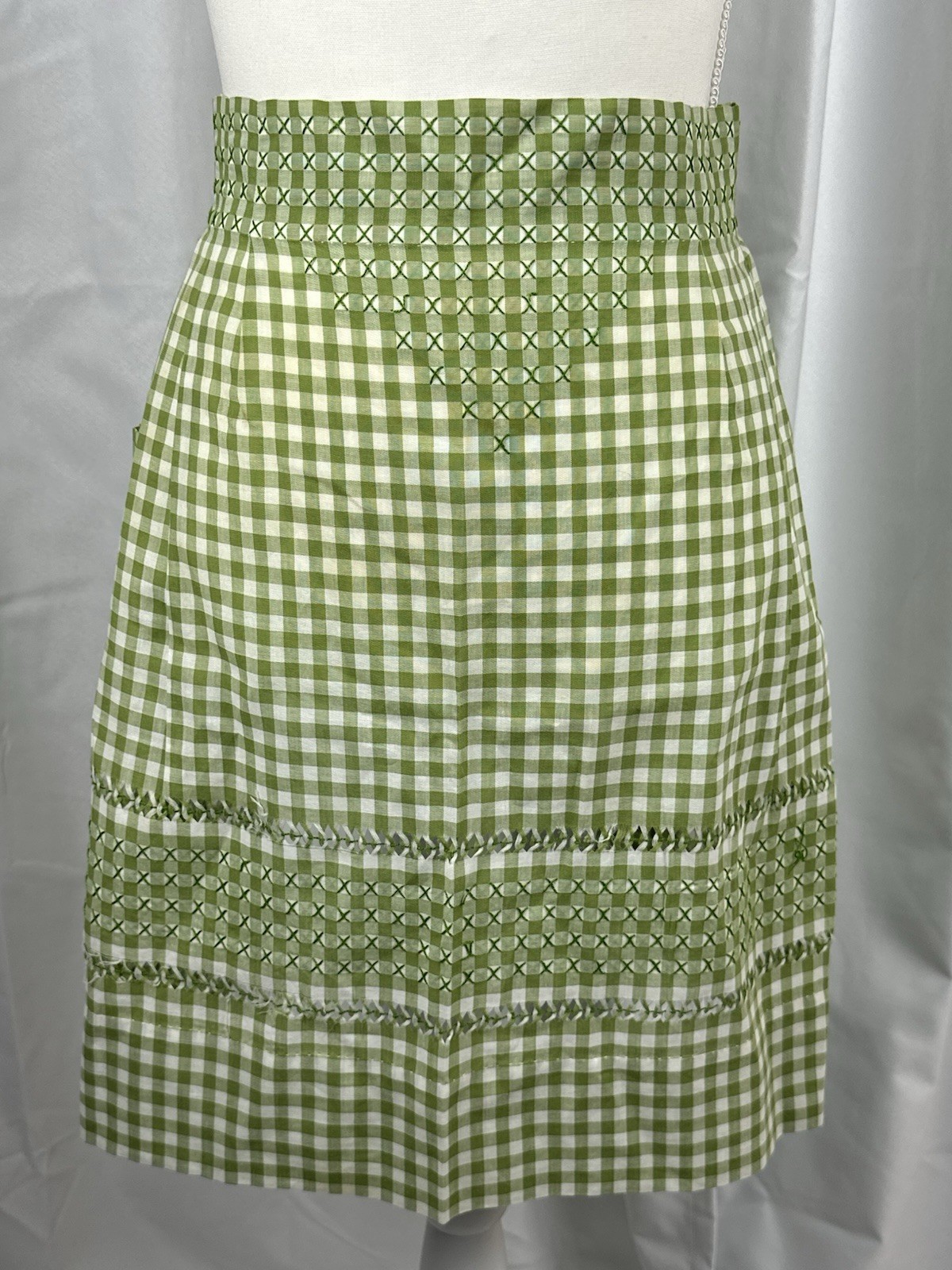 Vintage Green White Gingham Check Skirt Smocked Embroidered A-Line Cottagecore