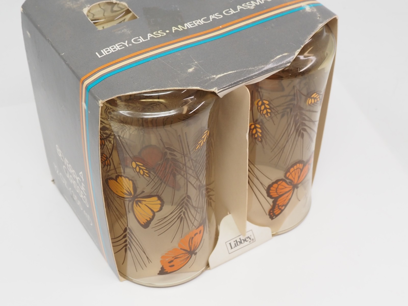 4 Vintage Libbey Monarch Butterfly & Wheat Glasses MCM Retro NEW in Box 4 Vintage Libbey Monarch Butterfly & Wheat Glasses MCM Retro NEW in Box